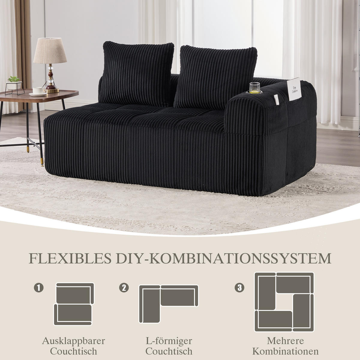 SOFA kompakt 158 x 93 x 61 cm Cord Black - Schwarz, Kunststoff (158.1/61/93cm) - Meubliv