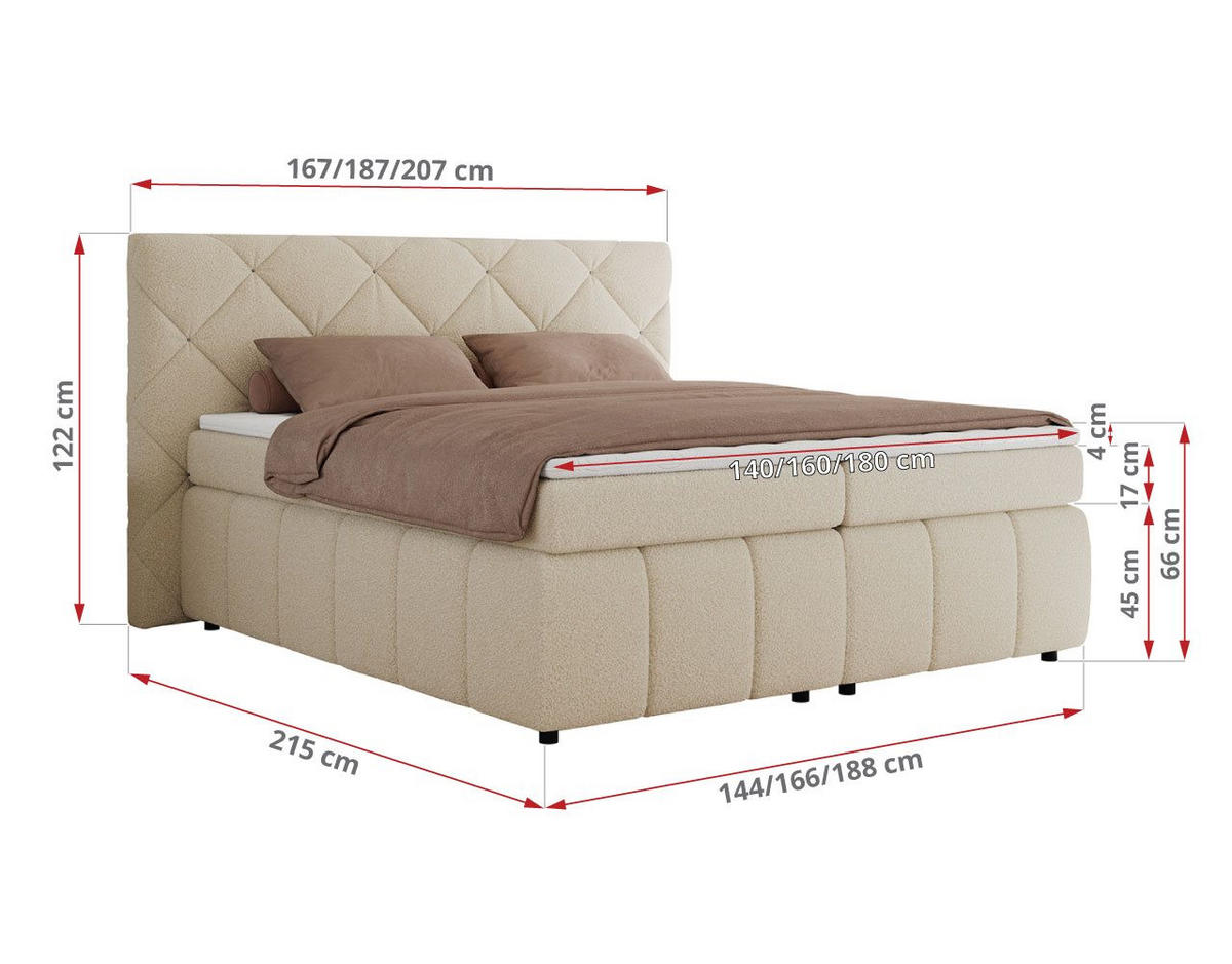 BOXBETT RITA 180/200 - Beige Boucle - H4 - Beige, Holz/Textil (180/200cm)