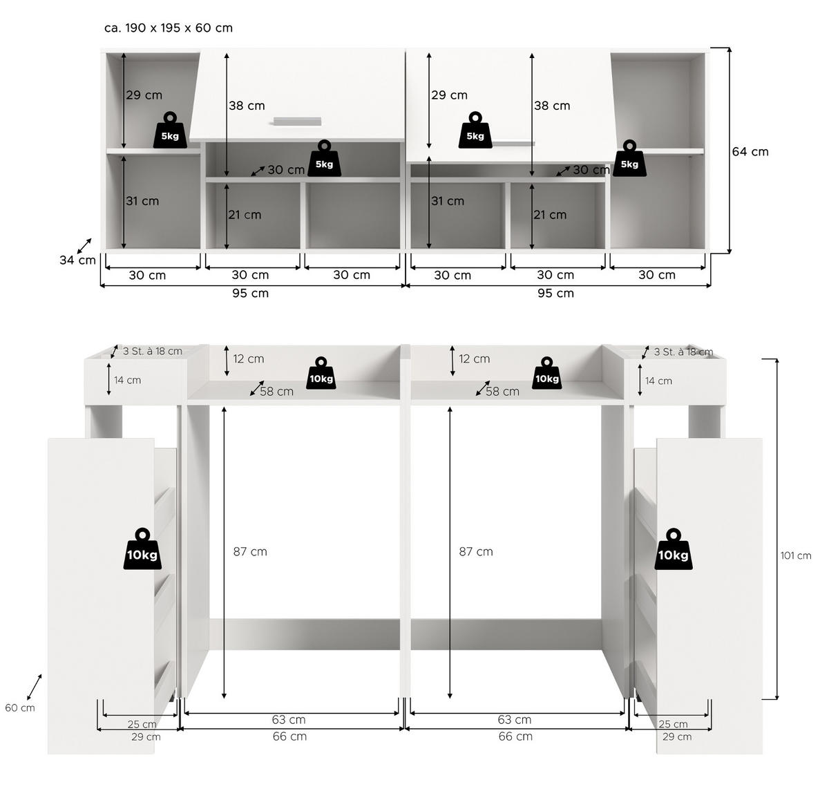 WASCHMASCHINENSCHRANK weiß Set 6-teilig 190 cm, Waschmaschinenumbau mit Stauraum - Silberfarben/Weiß, Glas/Holzwerkstoff (190/195/60cm) - Inn.Furn