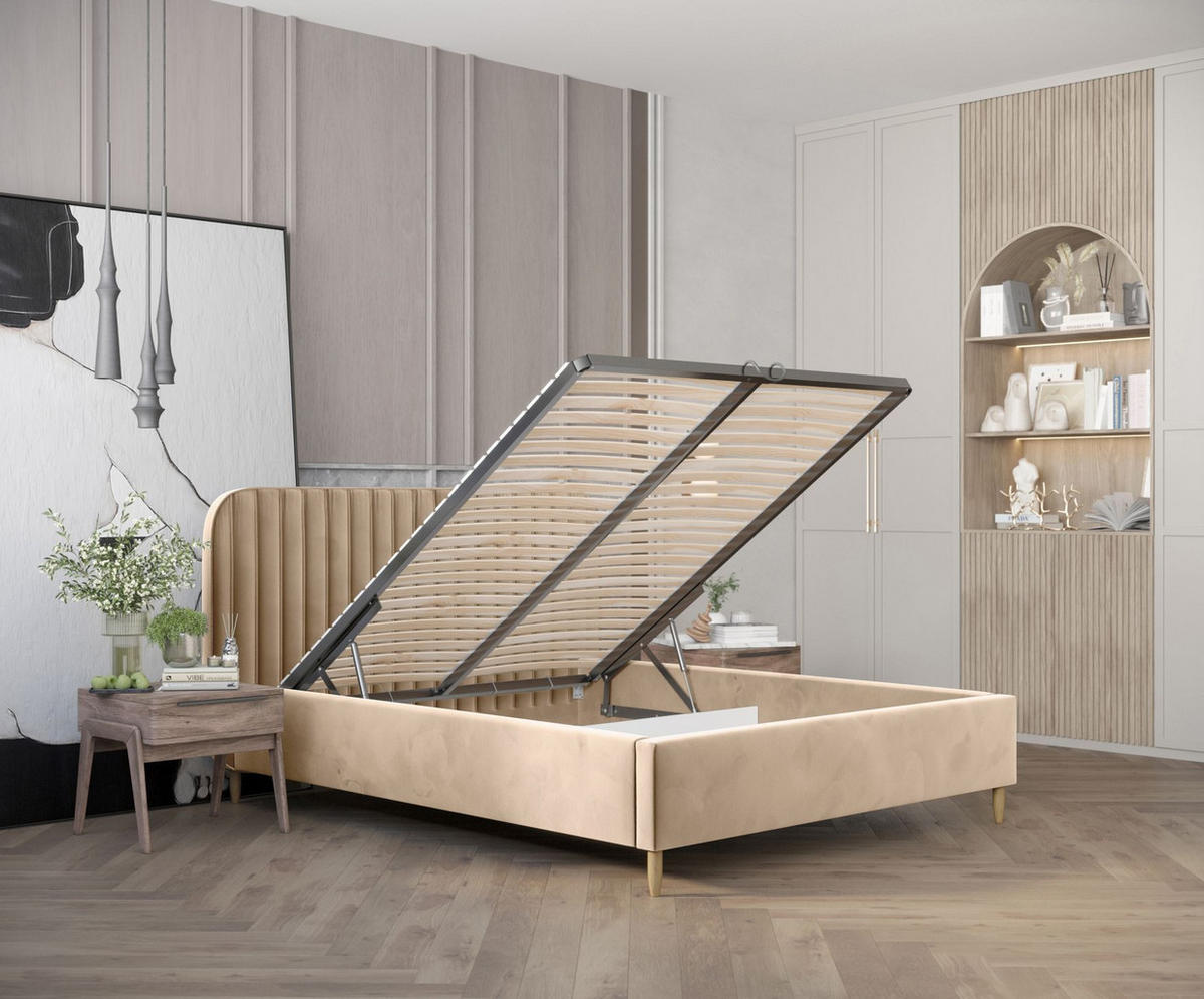 POLSTERBETT Noto Beige 160/200 cm im Samtstoff - Beige/Naturfarben, Holz/Holzwerkstoff (160/200cm) - Maison de Reve