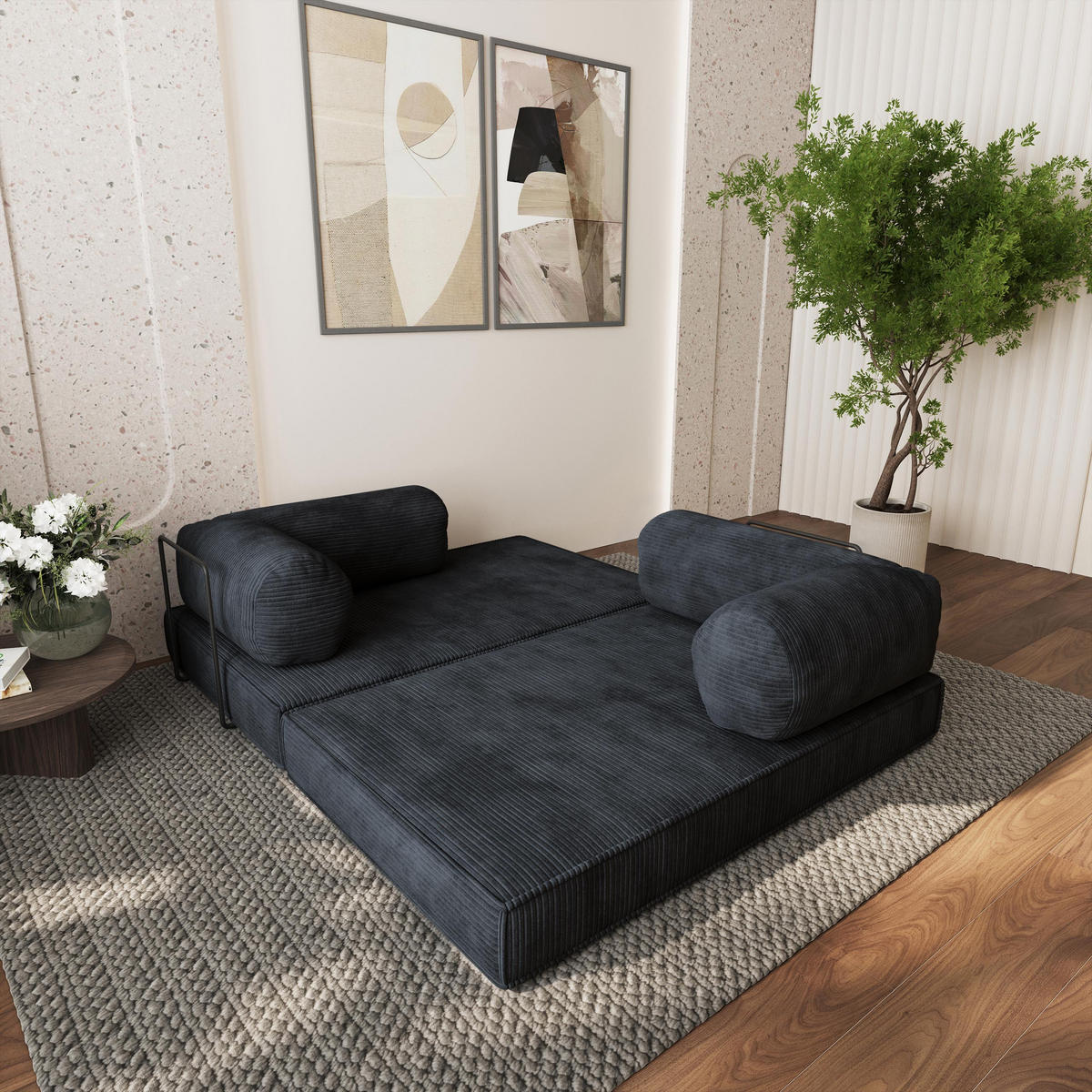 ECKSOFA ETERA modulares Boneless Sofa mit Schlaffunktion Schwarz Cordstoff - Schwarz, Textil (270/160cm) - MASSENO