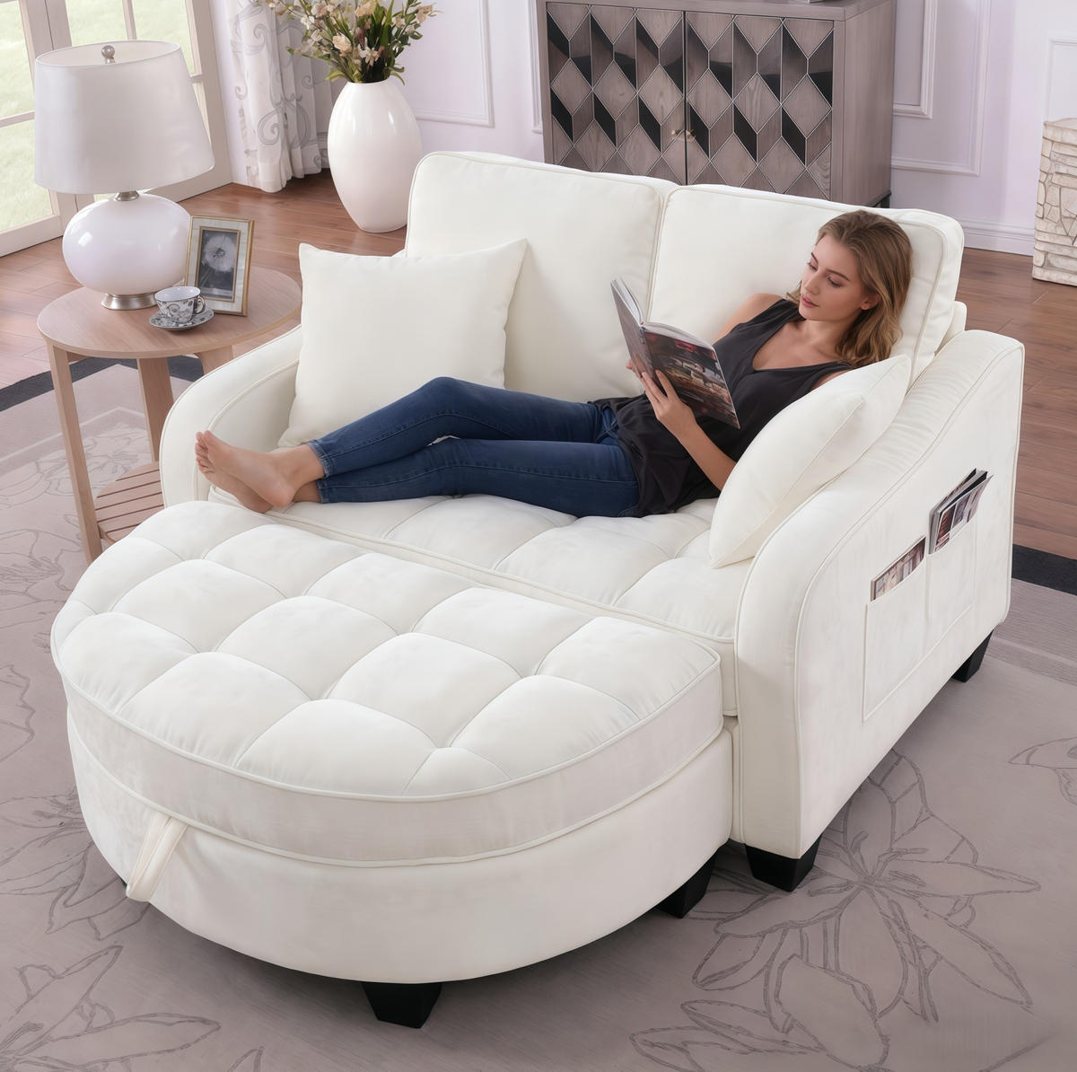 SCHLAFSOFA 132/129/93 cm aus Eukalyptusholz mit Aufbewahrungshocker Beige - Beige, Holz (129/93/132cm) - Modenvie