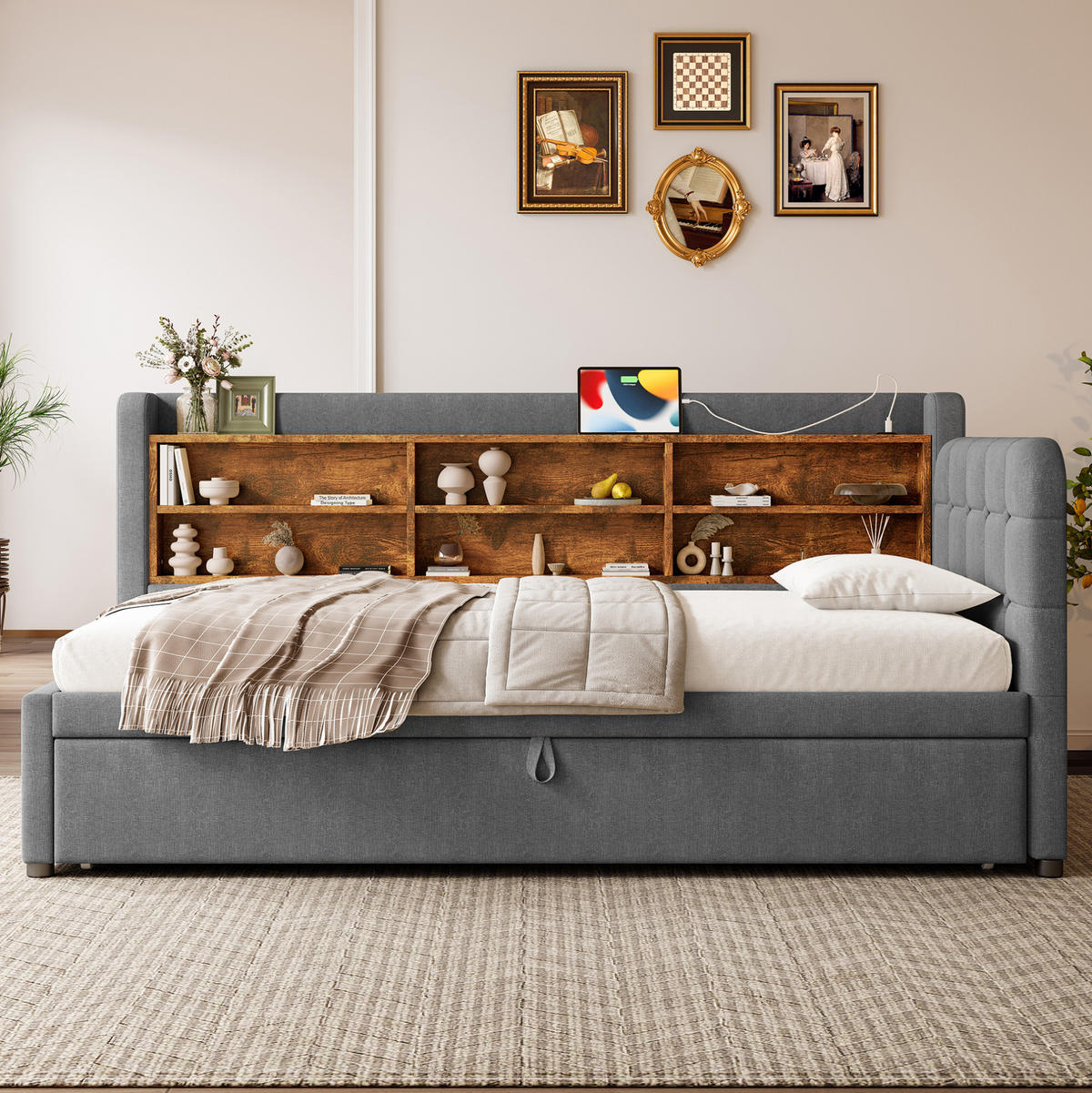 POLSTERBETT 90/180x200 cm Grau aus Leinen mit USB- und Type-C-Anschlüssen - Grau, Textil (90/200cm) - Flora Grace