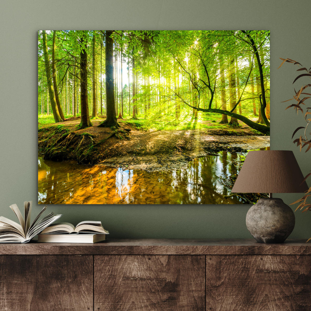 METALLBILD Wald - Landschaft - Wasser - Bäume - Sonne - Grün - Natur 80x60 cm - Grün, Metall (80/60cm) - MuchoWow