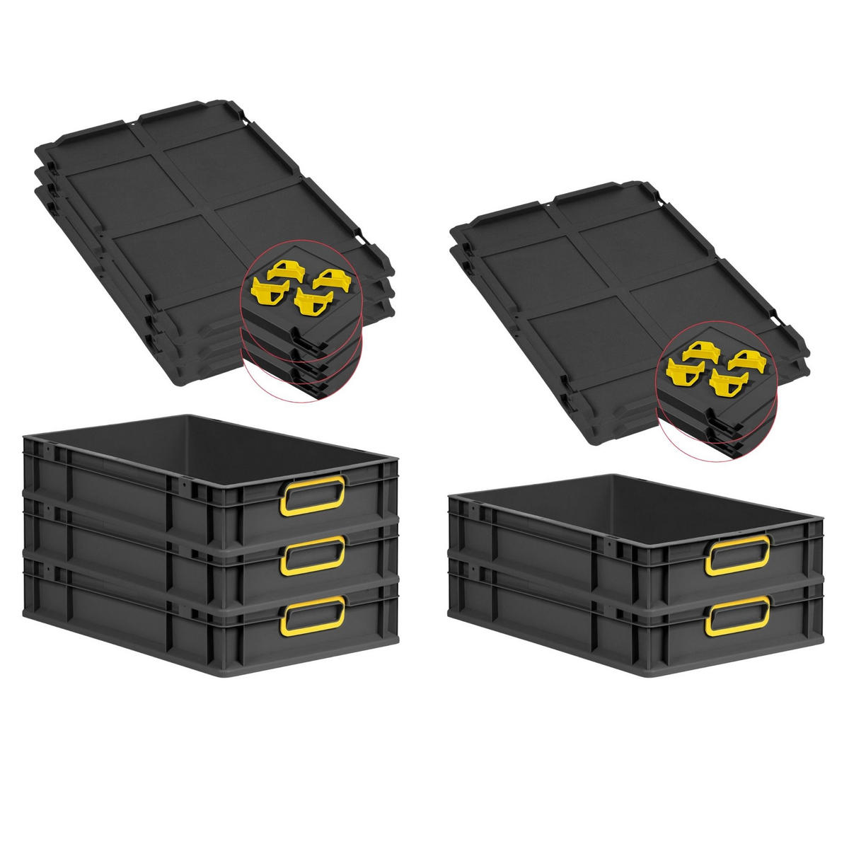 EUROBOX 5x NextGen Color mit Auflagedeckel 12x40x60 cm 23 Liter Schwarz Griffe gelb zu - Gelb/Schwarz, Kunststoff (40/12/60cm) - PROREGAL