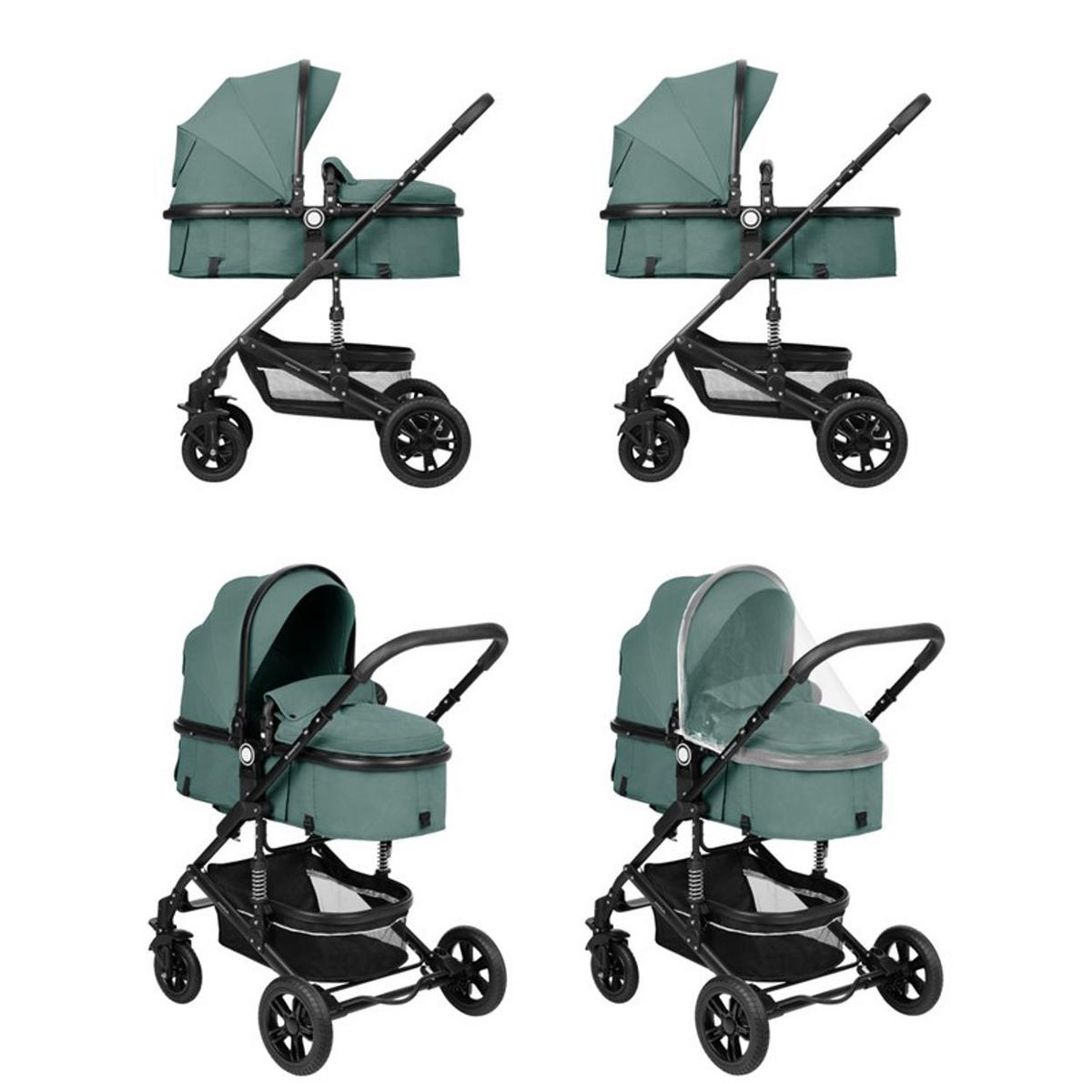 KOMBIKINDERWAGEN Amaia 3 in 1 grün Size Babyschale umbaubar Federung Tasche - Grün, Metall (86/50/107cm) - Kikka boo