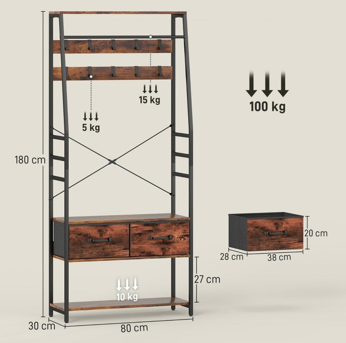 FLURGARDEROBE 80/30/180 cm aus Holzwerkstoff und Metall mit Sitzbank und 10 Haken Braun - Braun, Holz (80/180/30cm) - Modenvie