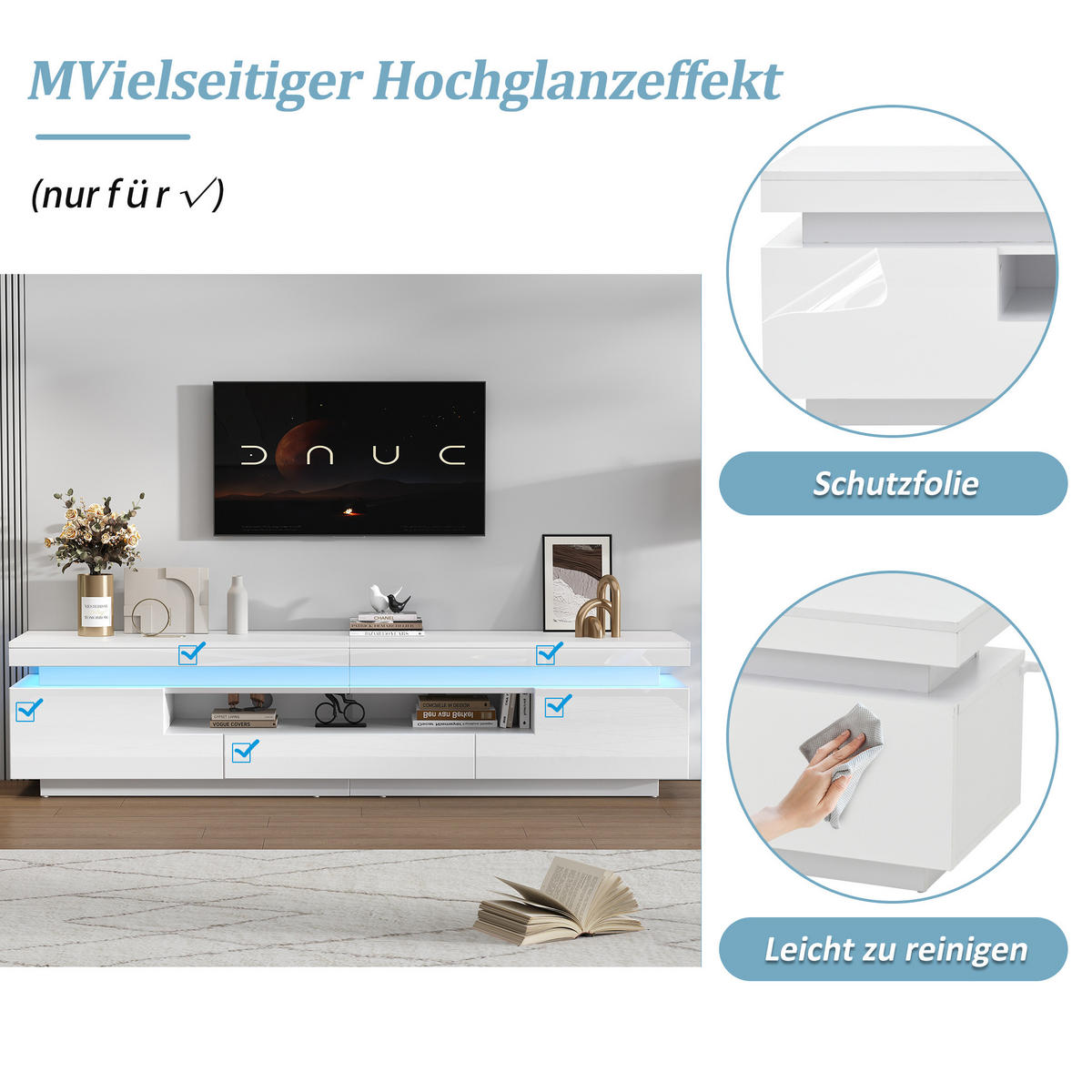 TV-LOWBOARD 175x38x45 cm Weiß Hochglanz LED 2 Schränke 1 Schublade - Weiß, Holzwerkstoff (38/45/175cm) - FLIEKS