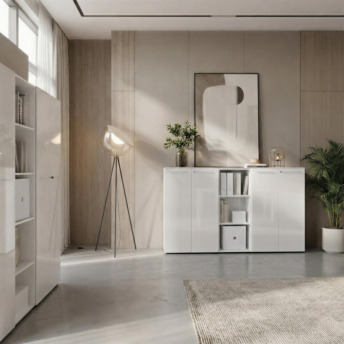 BÜRO-SET MUENCHEN 3-teilig Weiß | 2 Kommode x Regal | Glas Front & Abschließbar - Weiß, Holzwerkstoff/Metall (240/120/37cm) - KADIMA DESIGN