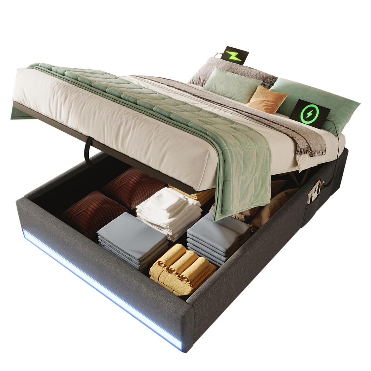 POLSTERBETT 90/200 cm Grau mit LED-Beleuchtung und USB- sowie Type-C-Anschlüssen - Grau, Textil (90/200cm) - OKWISH