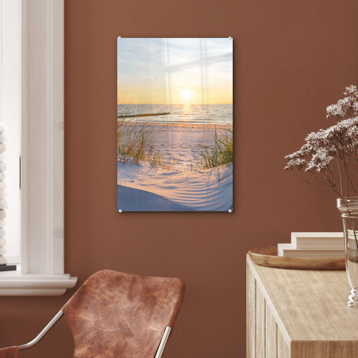 ACRYLGLASBILD Strand - Sonne - Düne - Gras - Sand - Horizont 40x60 cm - Hellblau, Glas (40/60cm) - MuchoWow