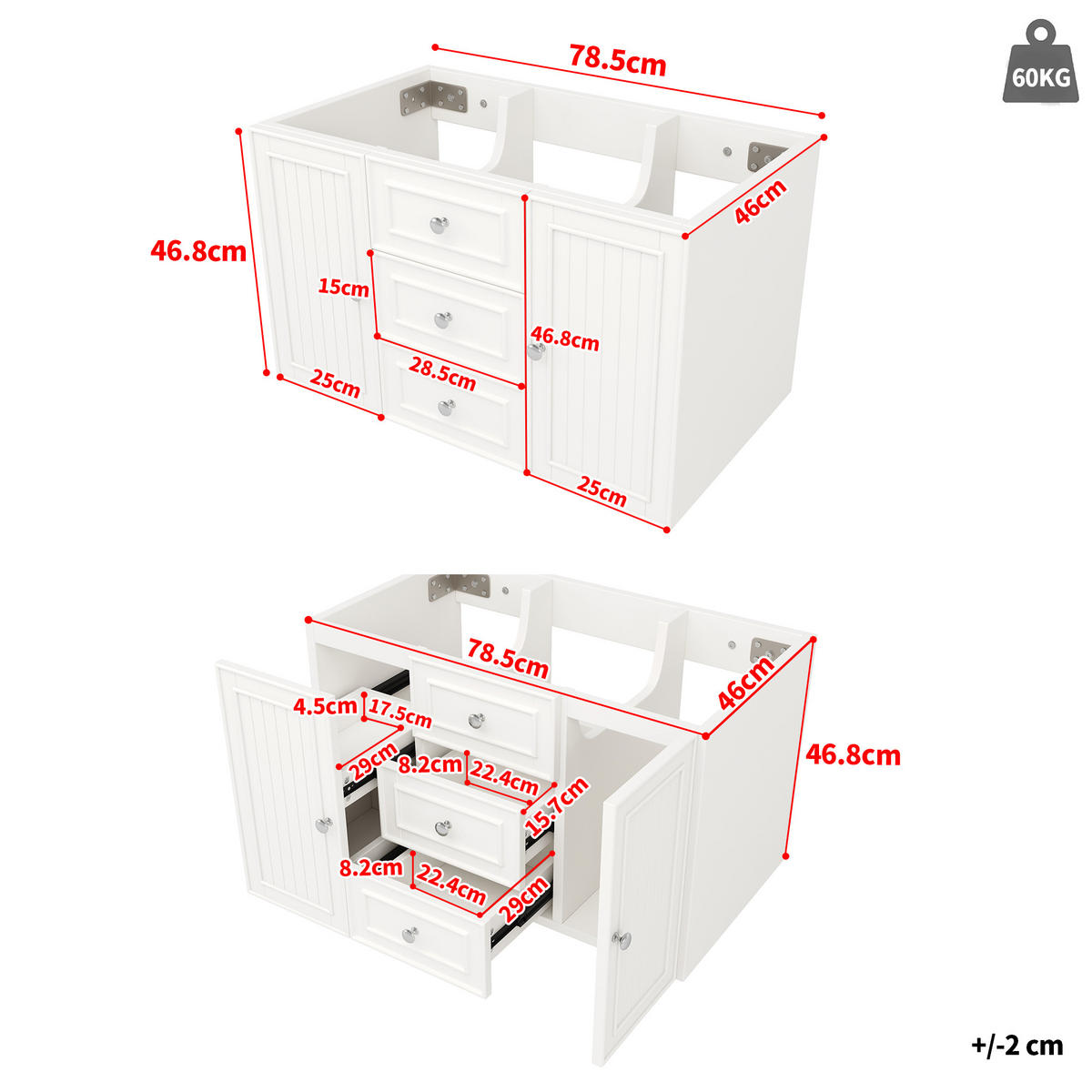 WASCHTISCH 78.5x46x46.8cm Weiß Mit 3 Schubladen - Weiß, Holzwerkstoff (46/46.8/78.5cm) - FLIEKS
