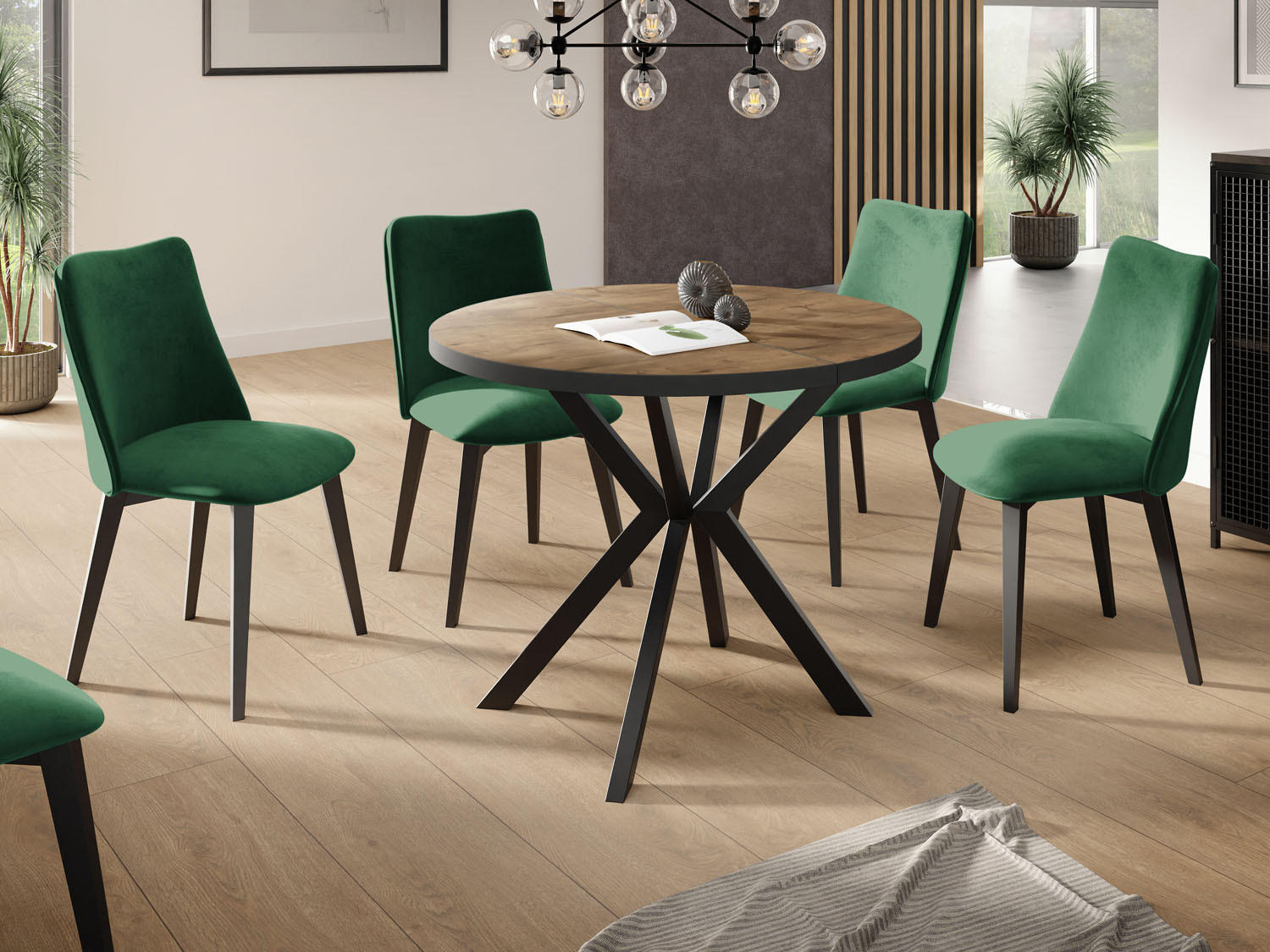 ESSTISCH Vincento runder ausziehbar, Lefkas Eiche 100-180/100/76 cm - Alteiche/Schwarz, Holzwerkstoff/Metall (100/100/76cm) - WFL GROUP