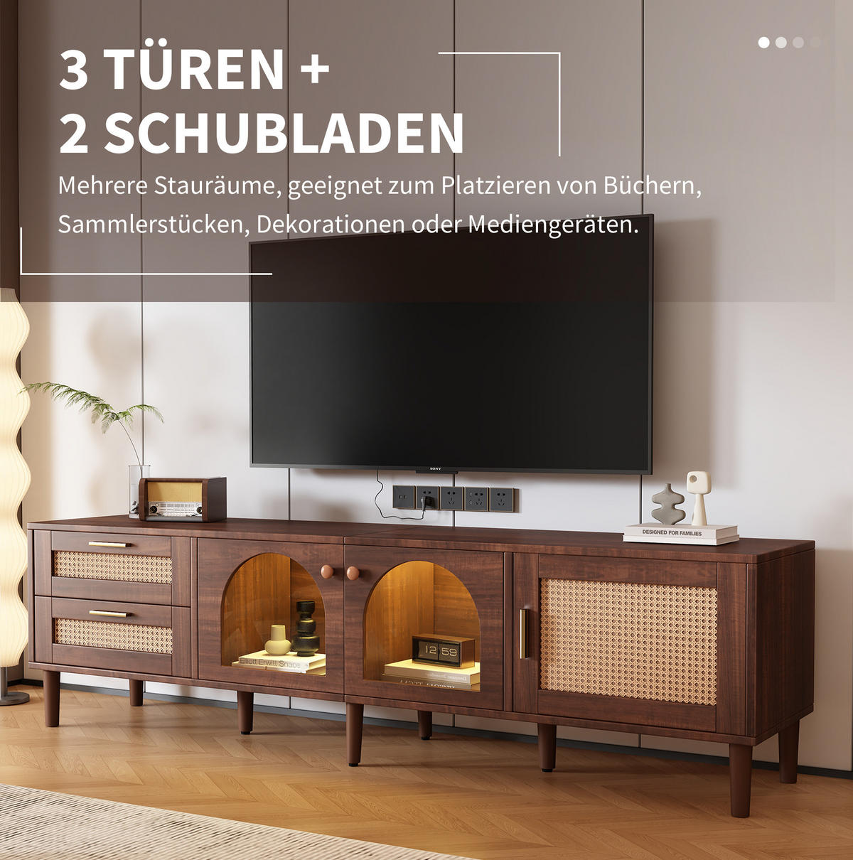 TV stolek 180/40/50 cm hnědý z dřevotřísky s LED osvětlením a úložným prostorem - hnědá, kompozitní dřevo (180/50/40cm) - OKWISH