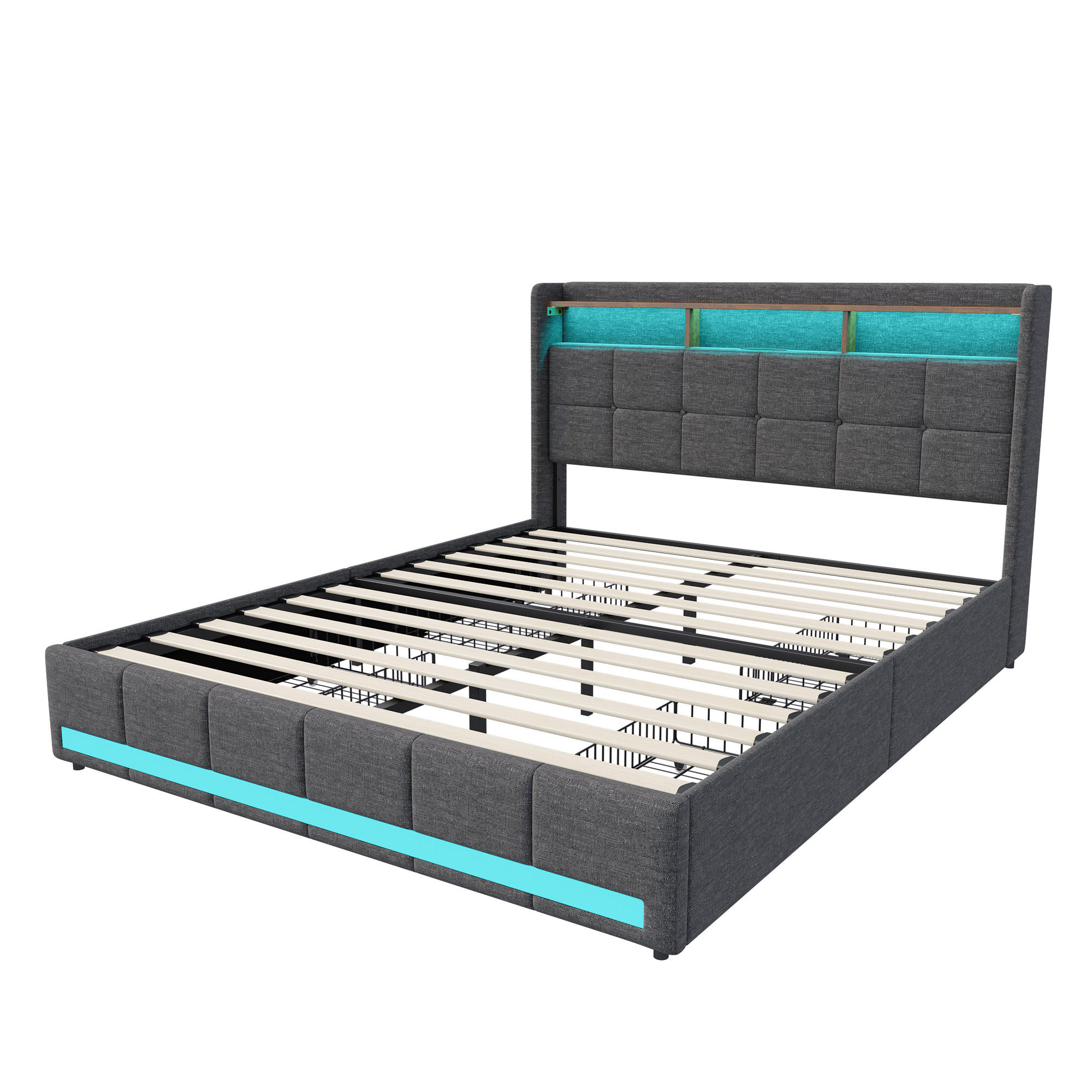 POLSTERBETT 160x200 cm LED USB Schubladen Stauraum grau - Grau, Holz (160/200cm) - LEBENLANG