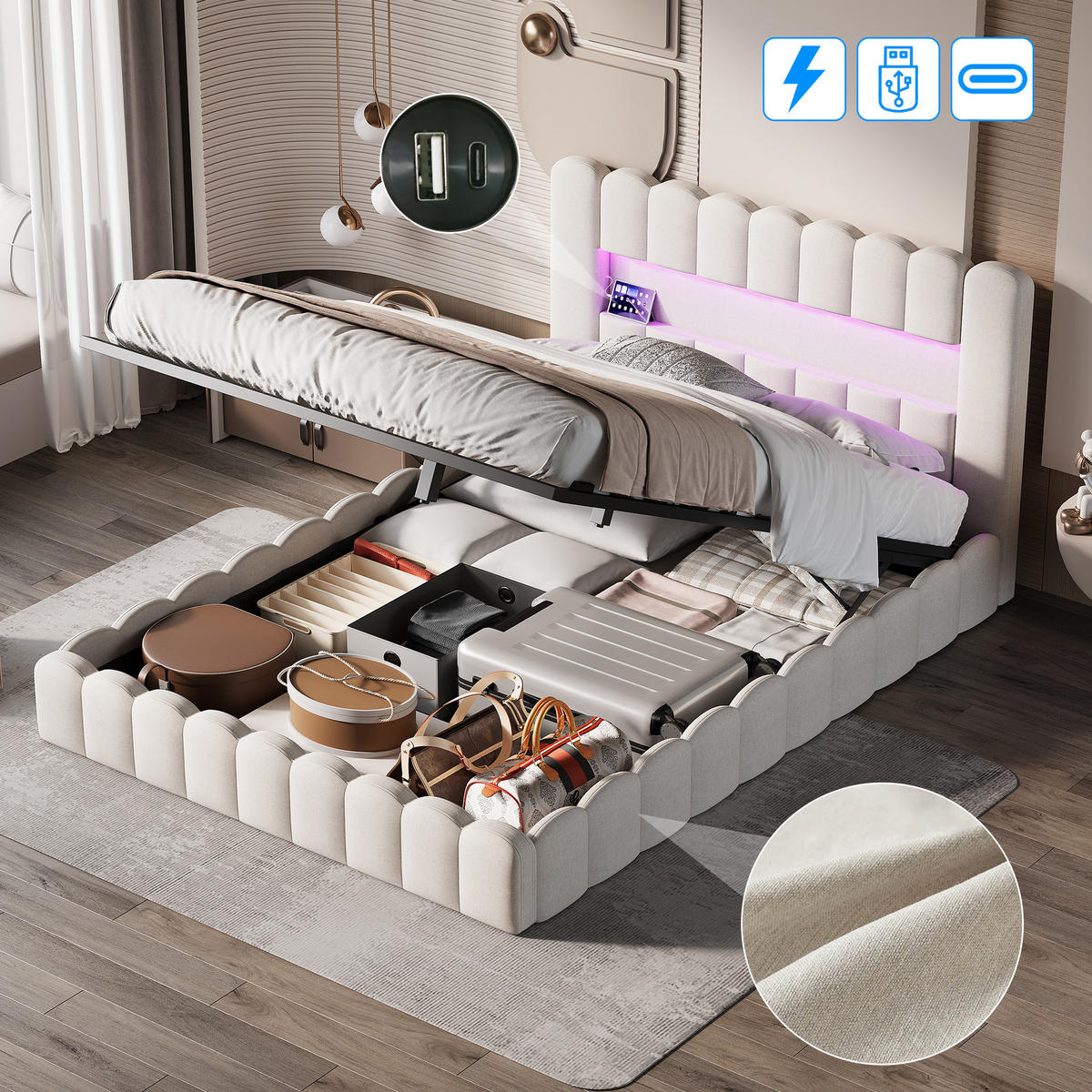 POLSTERBETT 160/200 cm mit LED-Kopfteil und hydraulischem Stauraum, modernes Schlafzimmerbett - Beige, Holz/Metall (160/200cm) - Joyfair