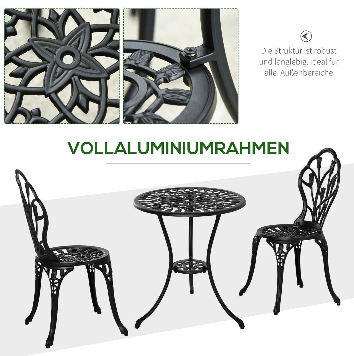 BISTRO set Ø60/67 cm černý z hliníku se skládacími židlemi pro 2 osoby - černá, kov - OKWISH