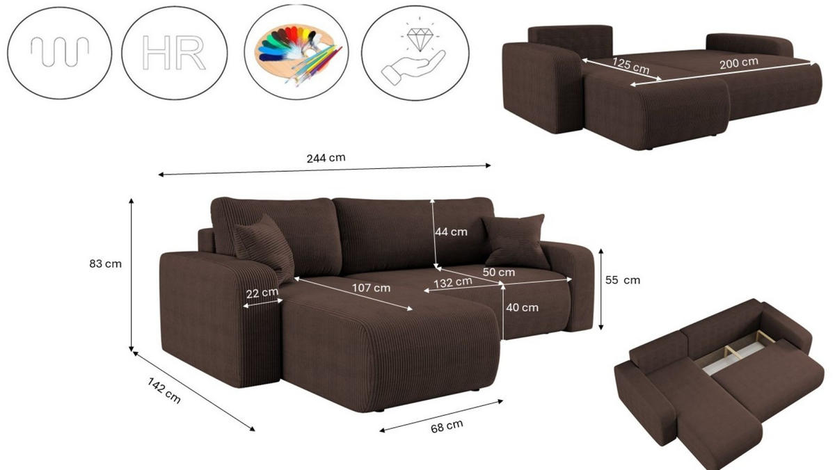ECKSOFA L-FORM Schlaffunktion Und Bettkasten Eckcouch MILANO L Stoff Dicker Cord Braun Links - Braun, Holz/Textil (142/244cm) - Kaiser Möbel