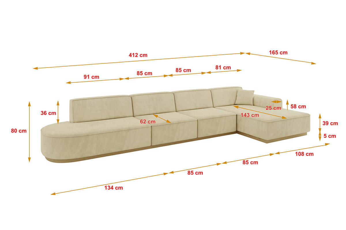 ECKSOFA Ottomane Rechts IREA-L3-v2 - 412x165x80 cm Beige - Taupe/Champagner, Holzwerkstoff/Textil (412/165cm) - ALTDECOR