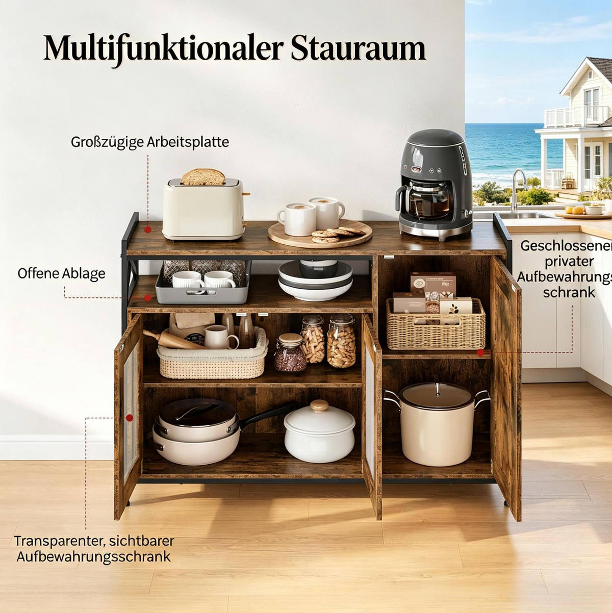 SIDEBOARD 110/33/75 cm in Rustikalbraun mit offenem Fach und verstellbaren Regalen - Dunkelbraun, Metall (110/75/33cm) - BEAOK