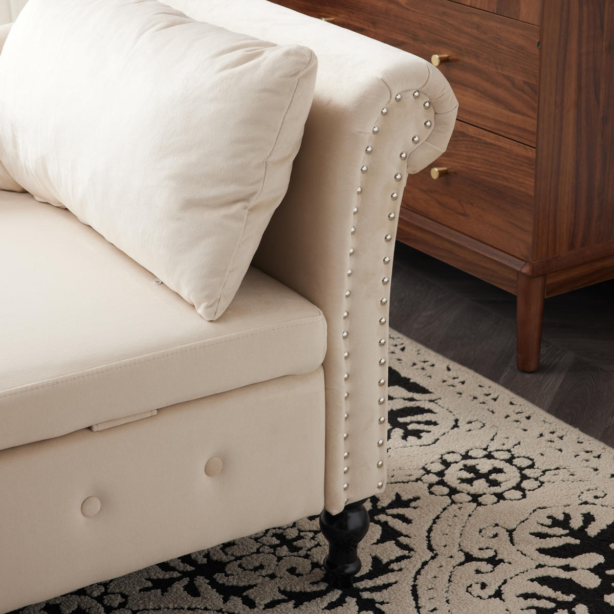 RÉCAMIERE Samt Beige mit Stauraum mit Kissen - Beige, Holz/Holzwerkstoff (144/69/62cm) - WISHDOR