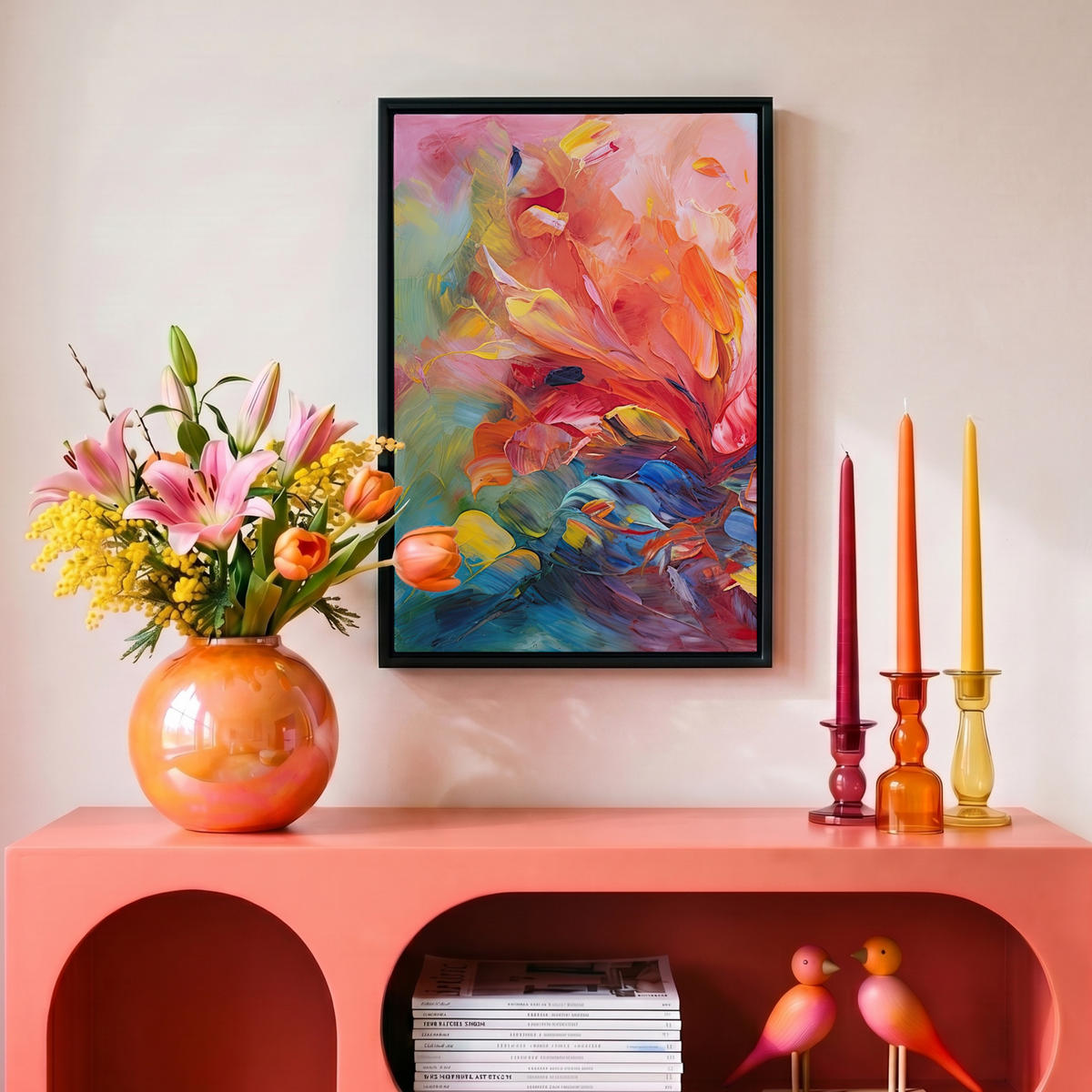 LEINWAND Bilder mit Rahmen - Ölgemälde - Kunst - Abstrakt - Farbenfroh - 20x30 - Altrosa, Textil (20/30cm) - MuchoWow