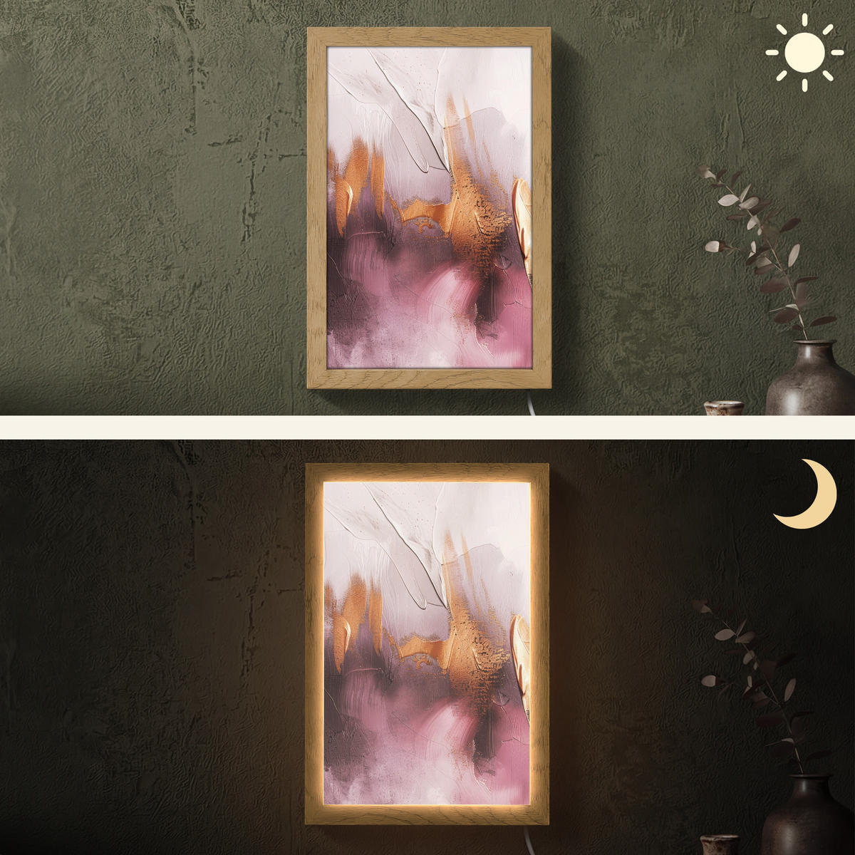 NÁSTĚNNÁ LAMPA Fialová - abstraktní - barva - zlatá 20x30 cm - světle fialová, kompozitní dřevo (20/30/8cm) - OnlyWow