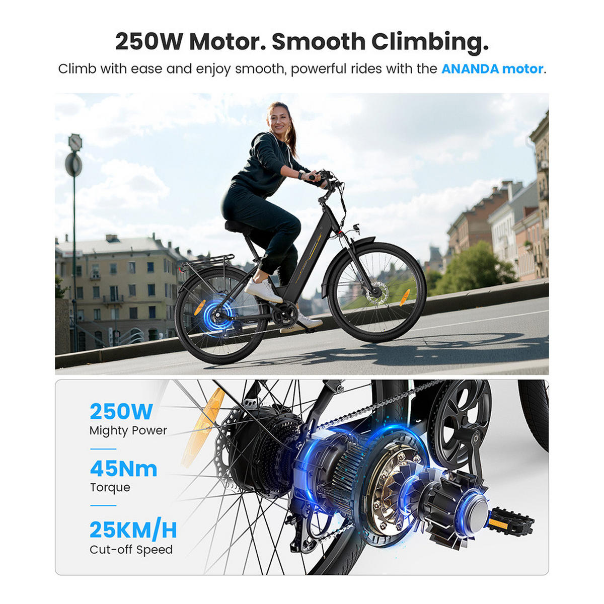 E-BIKE – 100 km Reichweite, 250W Motor, Komfort & Sicherheit im Alltag - Schwarz, Metall (85cm) - Touroll