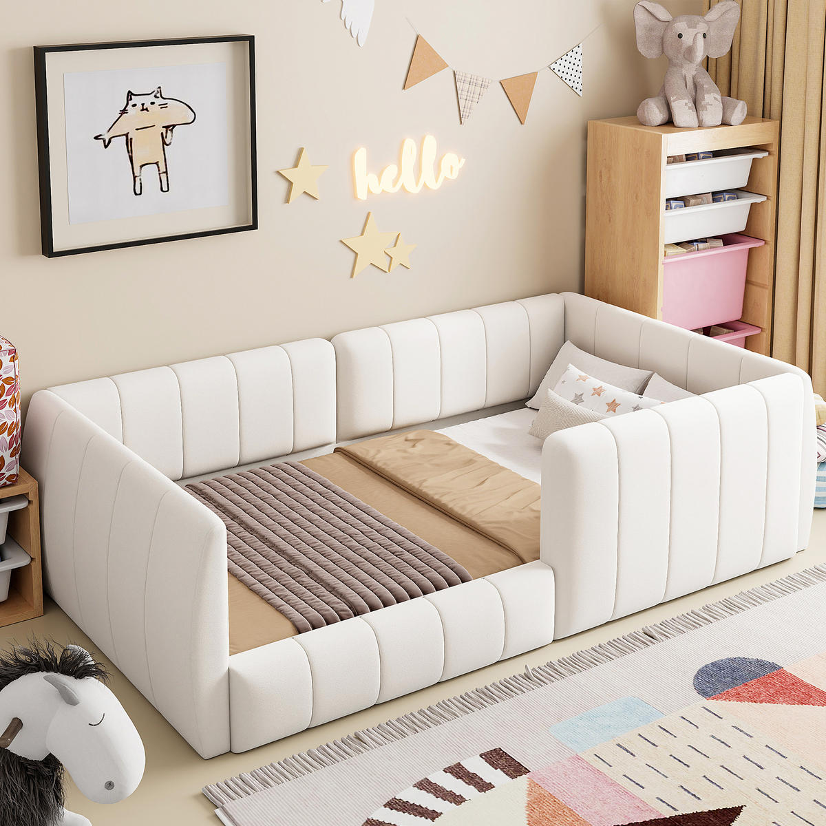 POLSTERBETT 90/200 cm in Beige mit Sicherheitsgitter - Beige, Holzwerkstoff/Textil (90/200cm) - WISHDOR