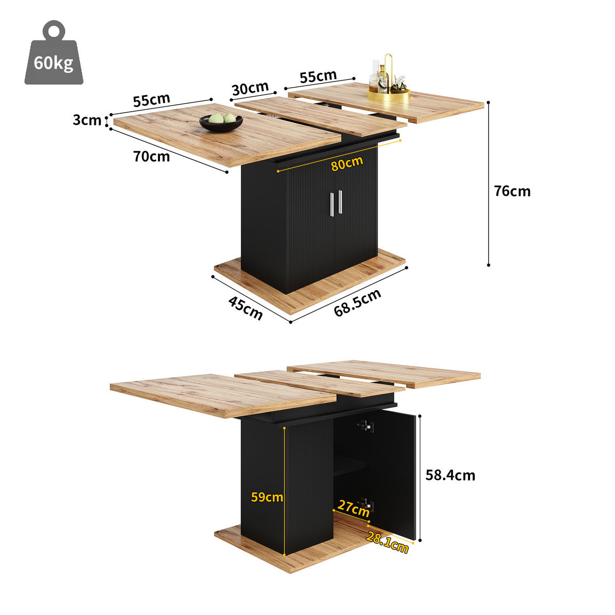 ESSTISCH in Schwarz und Holzoptik 110-140/70/76 cm - Schwarz, Holzwerkstoff (140/70/76cm) - Urban Meuble