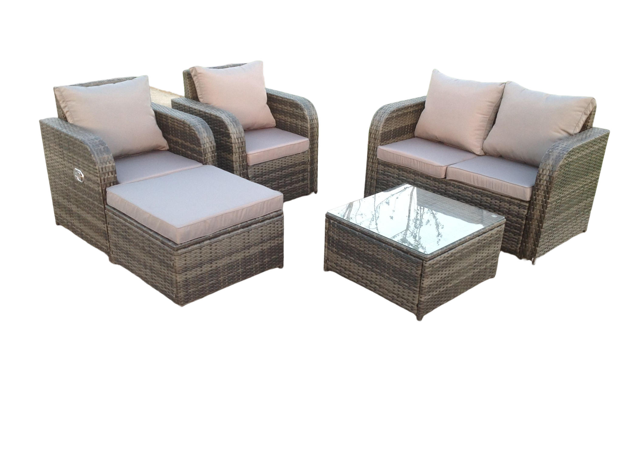 GARTENMÖBELSET mit Couchtisch Polyrattan 5-Sitzer - Dunkelgrau/Grau, Glas/Kunststoff - Fimous
