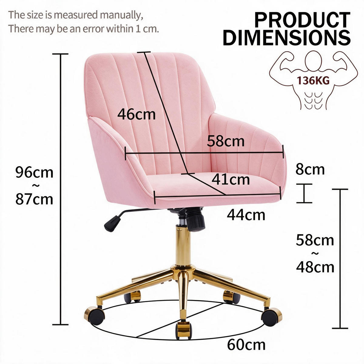 BÜRODREHSTUHL höhenverstellbar Sitzhöhe 50 - 59 cm Samt Pink - Pink, Metall (60/97/62cm) - Meubliv
