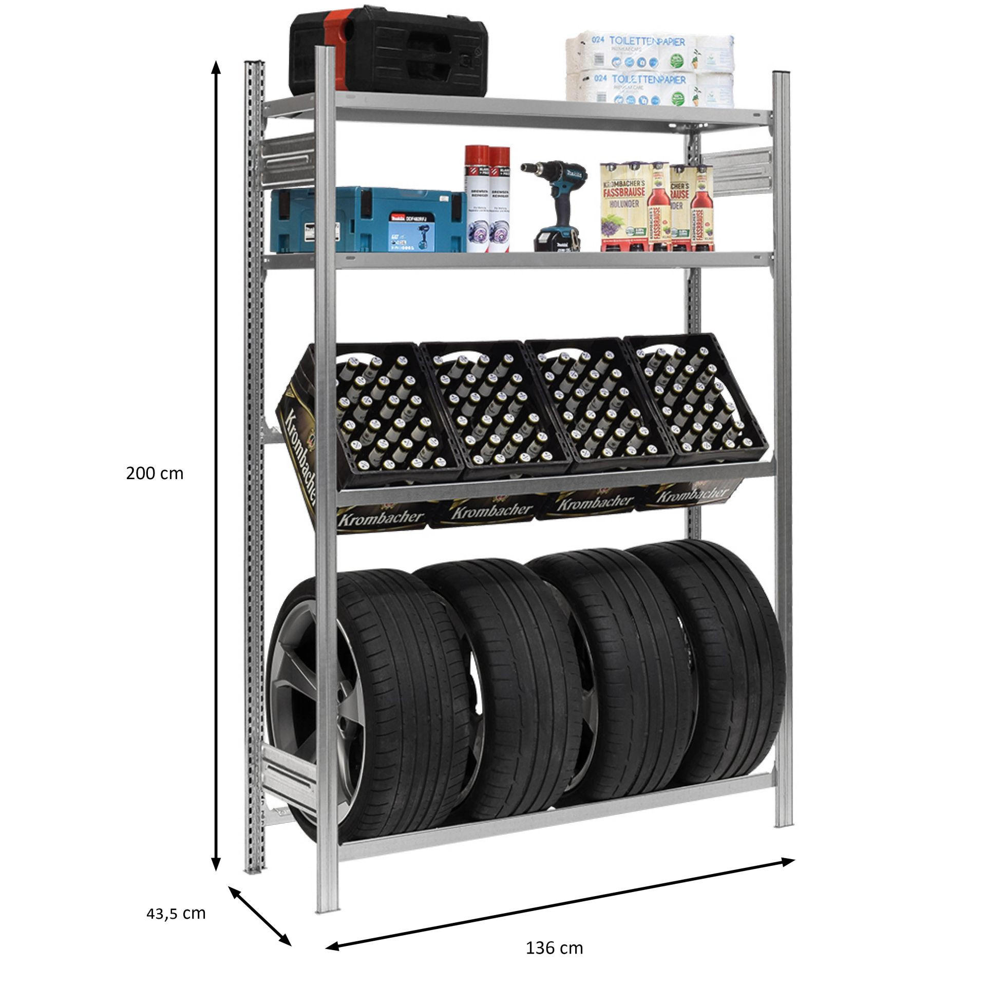 GETRÄNKEKISTEN- & REIFENREGAL Chiemsee TIRE 200x136x43,5cm 3 Kisten auf 1 Ebene + 4 Reifen & 2 Boards Verzinkt - Hellgrau, Metall (136/200/43.5cm) - PROREGAL