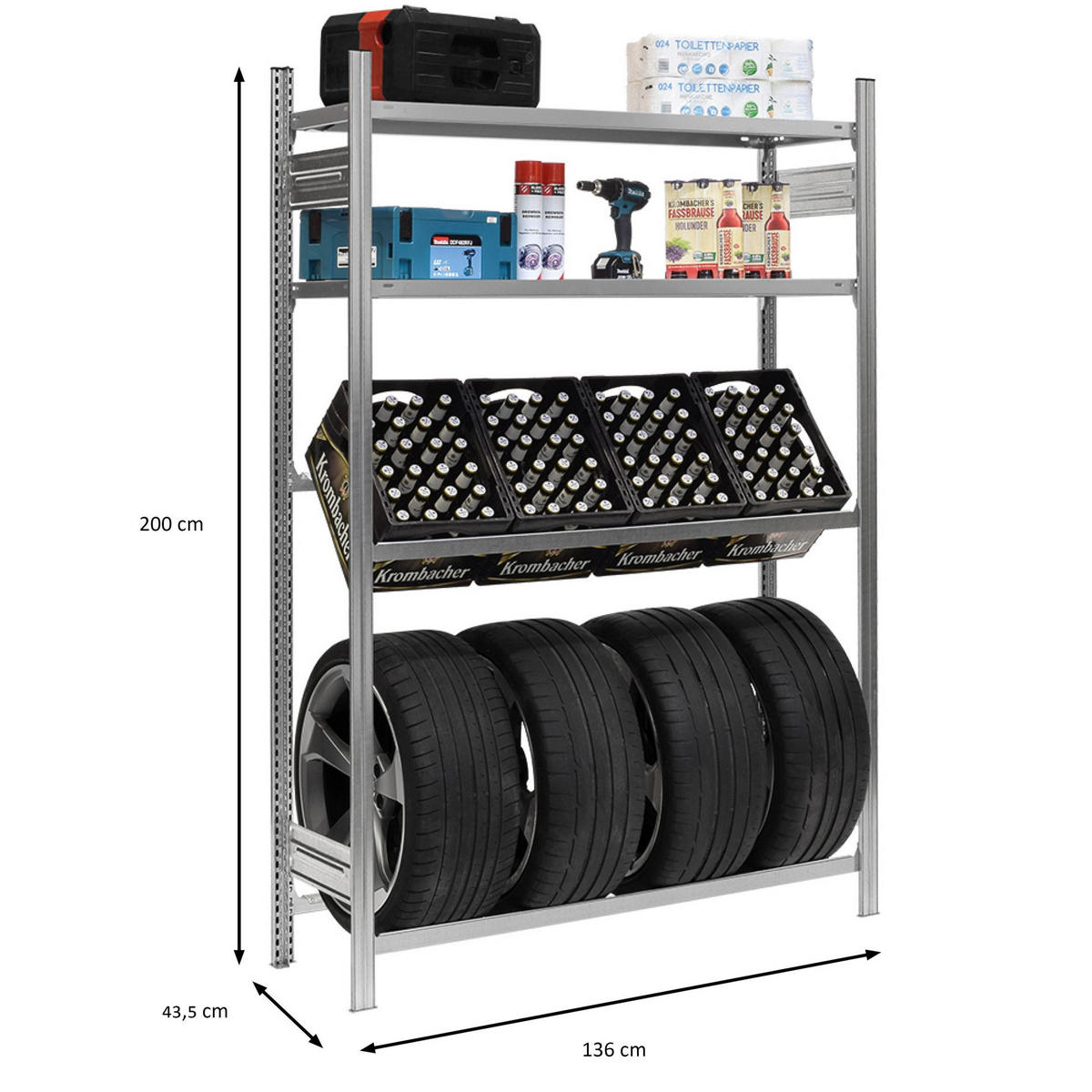 GETRÄNKEKISTEN- & REIFENREGAL Chiemsee TIRE 200x136x43,5cm 3 Kisten auf 1 Ebene + 4 Reifen & 2 Boards Verzinkt - Hellgrau, Metall (136/200/43.5cm) - PROREGAL
