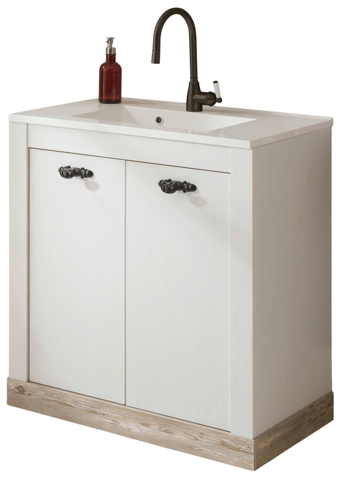 WASCHBECKENUNTERSCHRANK Waschbecken Pinie weiß, Oslo Pinie Landhaus, Waschtisch Set, 81 x 85 cm - Dunkelgrau/Weiß, Holzwerkstoff/Metall (82/85/47cm) - Furn.Design