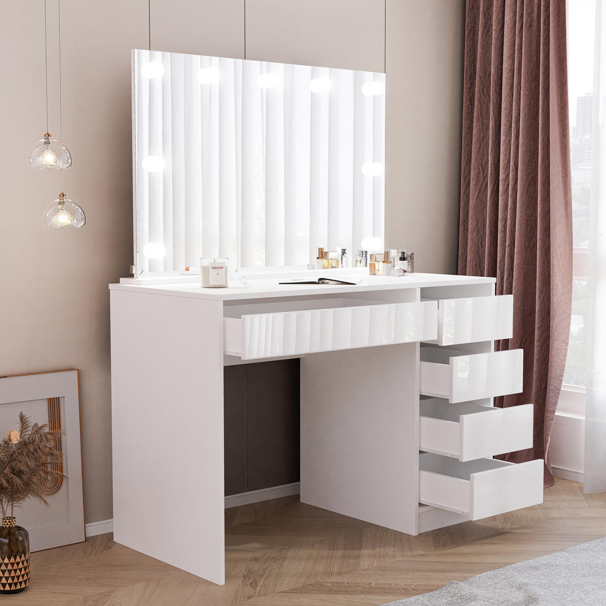SCHMINKTISCH Bella Weiß Hochglanz 110 cm mit Spiegel und LED Beleuchtung - Weiß Hochglanz, Holzwerkstoff (110/77/55cm) - Idohome