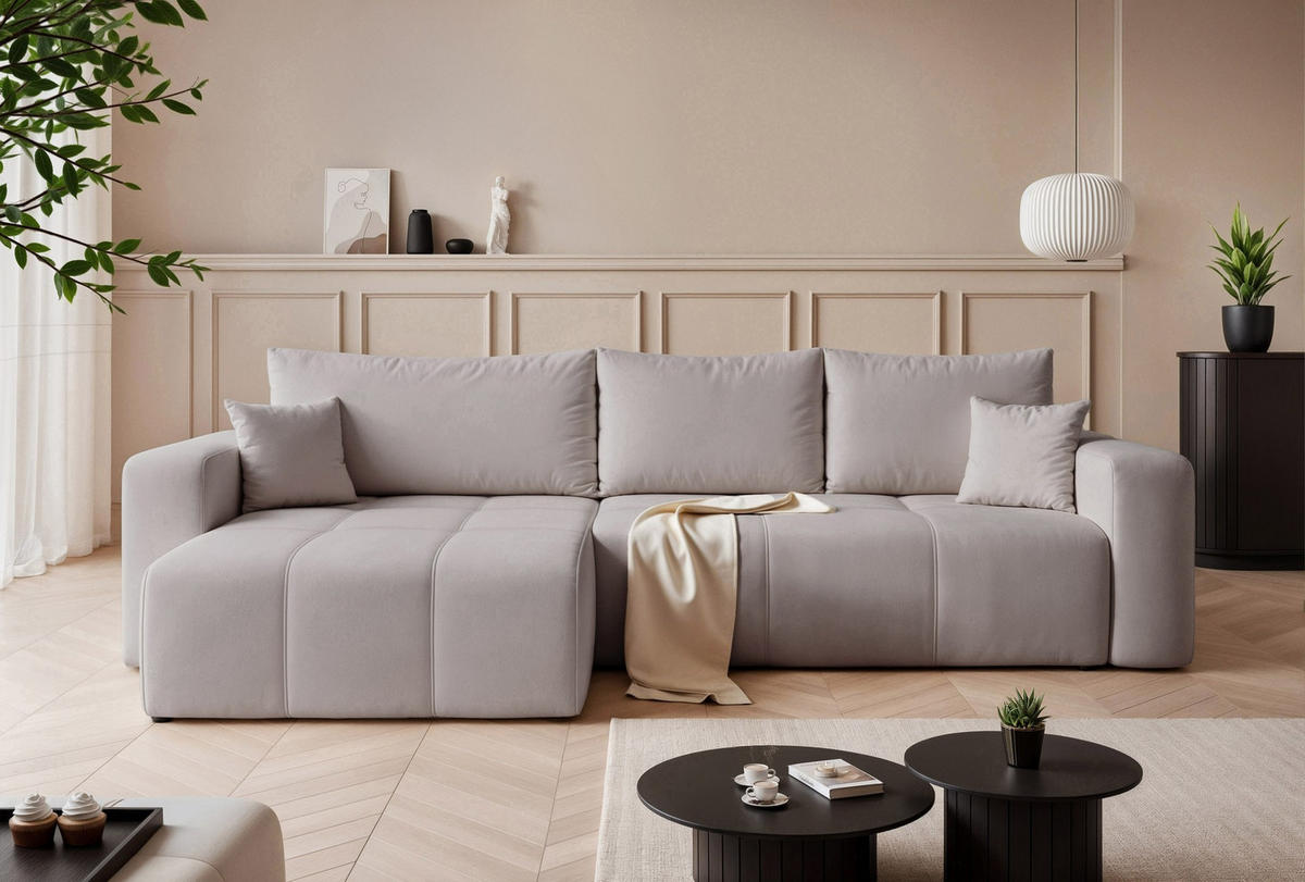 ECKSOFA XL Velours mit Bettkasten und Schlaffunktion - Grau, Holzwerkstoff/Textil (278/145cm) - Idohome
