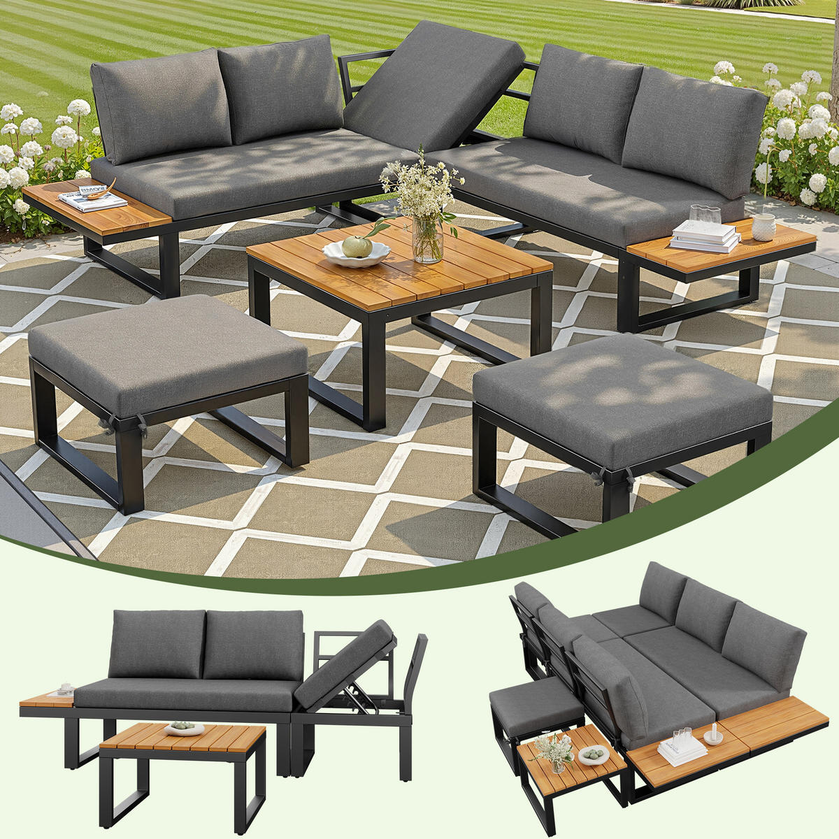GARTENLOUNGE 6tlg Grau Beige Ecksofa Tisch Hocker verstellbar - Grau, Metall - FLIEKS