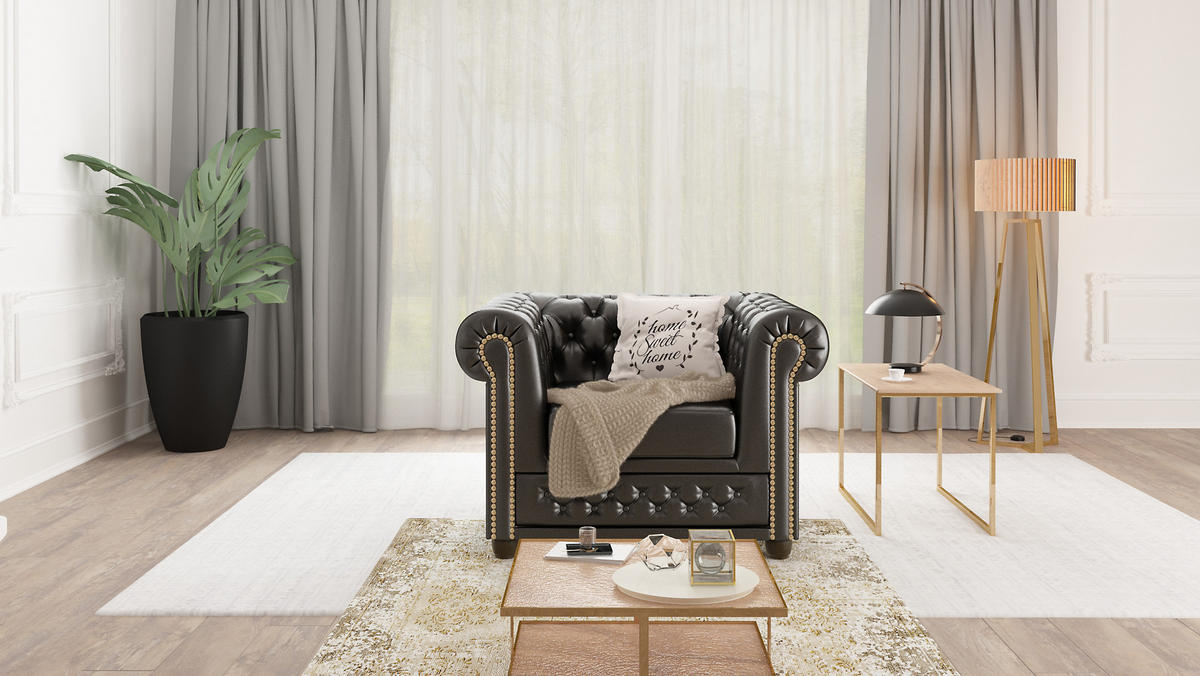 CHESTERFIELD-SESSEL Morin Schwarz vegan Leder - Schwarz/Braun, Holz/Textil (94/72/86cm) - S-Style Möbel