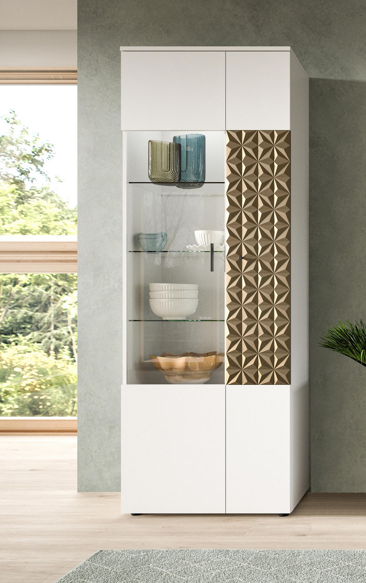 VITRINE weiß, Gold 70 cm, VITRINENSCHRANK mit 9 Fächern - Goldfarben/Schwarz, Glas/Holzwerkstoff (70/195/37cm) - Inn.Furn