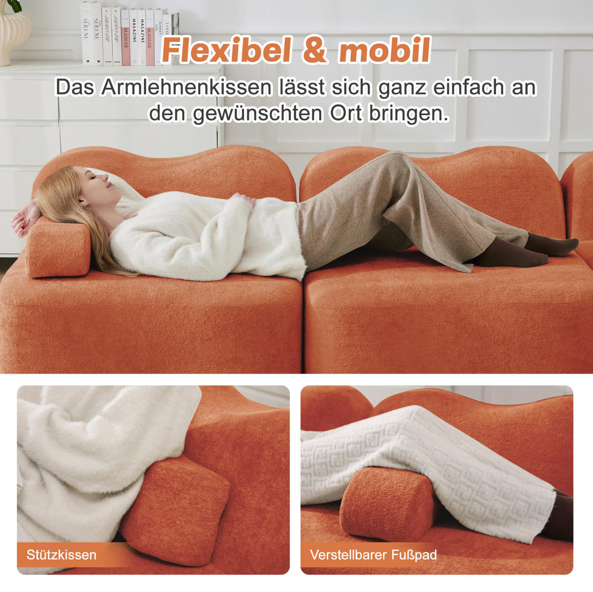 ECKSOFA 384/167/70 cm Orange aus Samt mit Wellenform und modularem Hocker - Orange, Textil (167/384cm) - OKWISH
