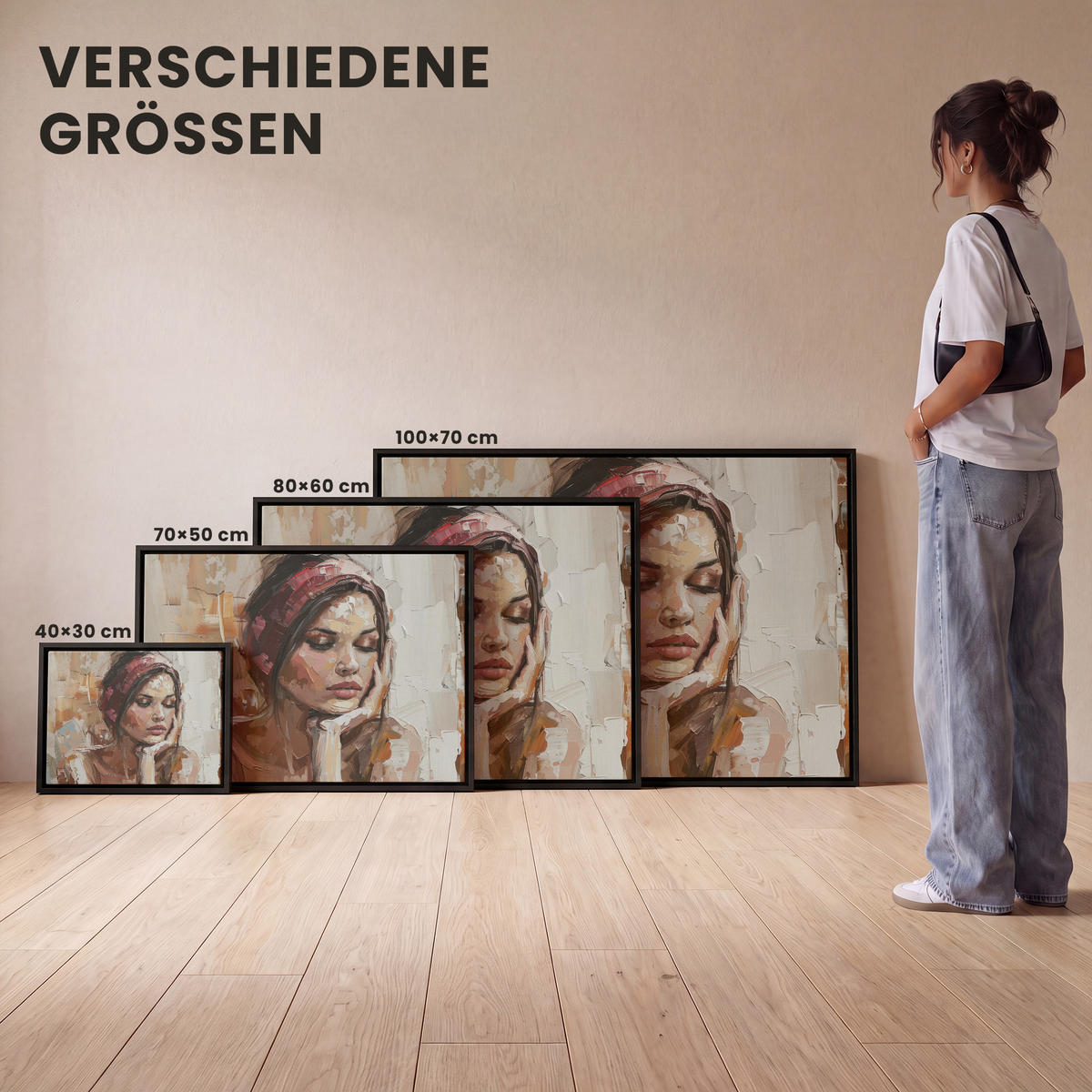 LEINWAND Bilder mit Rahmen - Frau - Lackierung - Porträt - Modern - 100x70 - Altrosa, Textil (100/70cm) - MuchoWow
