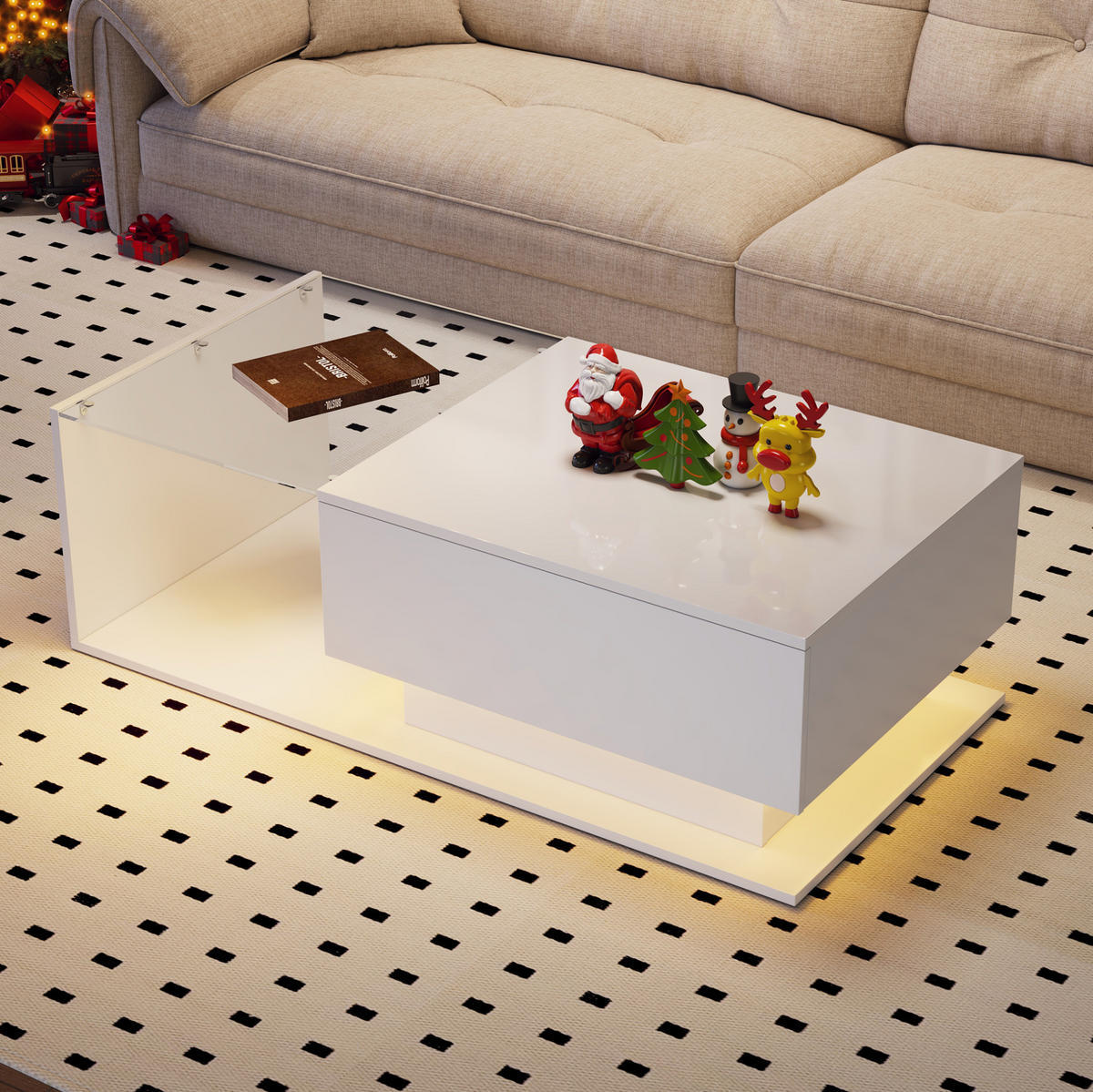 COUCHTISCH aus Spanplatte 100x50x32 cm Weiß mit Glasplatte, Schublade und LED-Beleuchtung - Weiß, Holzwerkstoff (100/50/32cm) - IVMEU