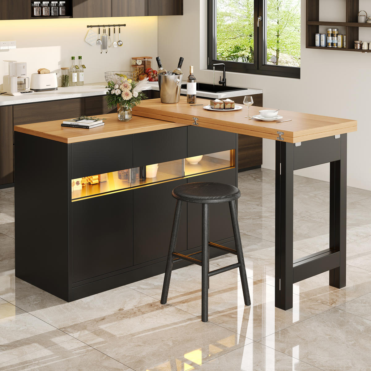 BARTISCH 360° Drehbar 120-180cm LED Stauraum - Schwarz, Holzwerkstoff (40/120/75.8cm) - FLIEKS