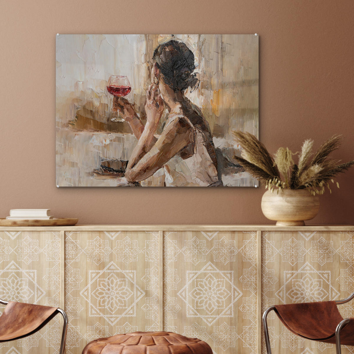 OBRAZ NA AKRYLOVOM SKLE Olejomaľba - Žena - Víno 80x60 cm - svetlohnedá, sklo (80/60cm) - MuchoWow