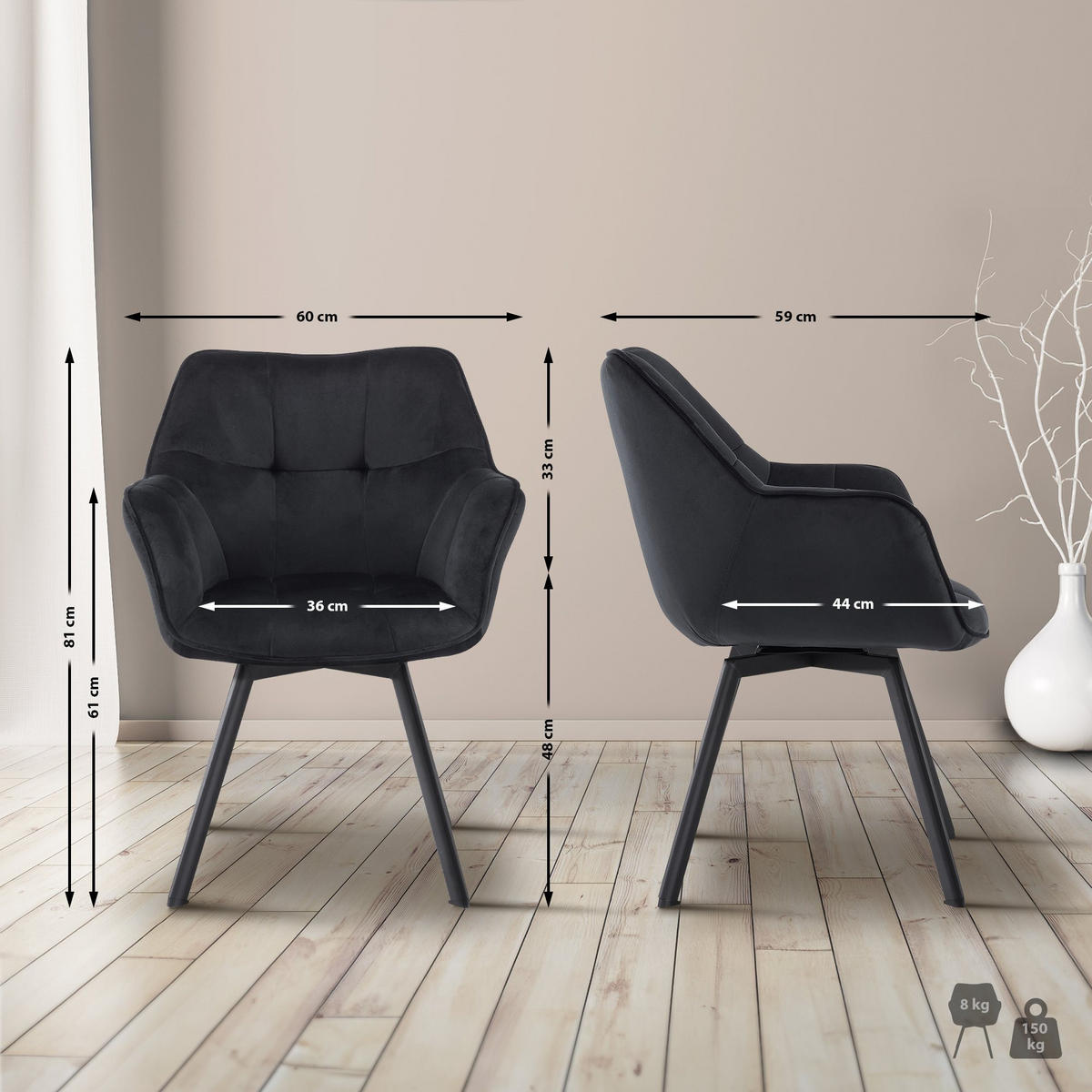 ESSZIMMERSTUHL 2er Set Samt Schwarz - Schwarz, Textil/Metall (60/81/59cm) - CLP