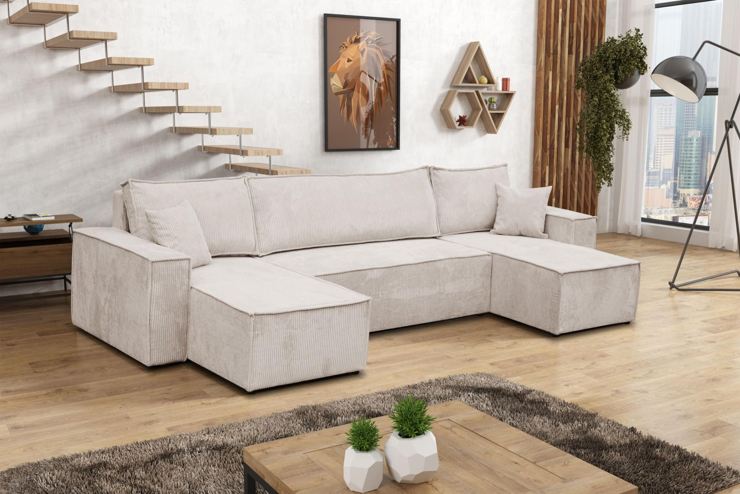 WOHNLANDSCHAFT Hugo U-Form Cordstoff mit Schlaffunktion und Bettkasten - Beige, Textil (312/83/142cm) - VENASI MÖBEL