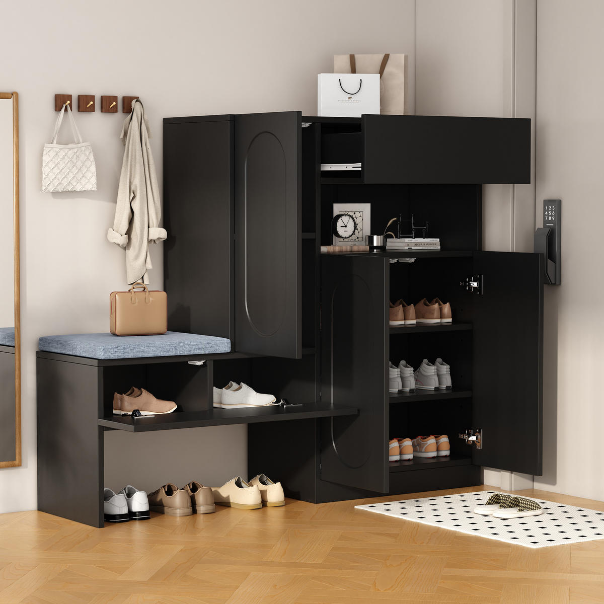 SCHUHSCHRANK 2-in-1 mit Sitzbank Schwarz 130x35x110cm - Schwarz, Holzwerkstoff (35/110/130cm) - FLIEKS