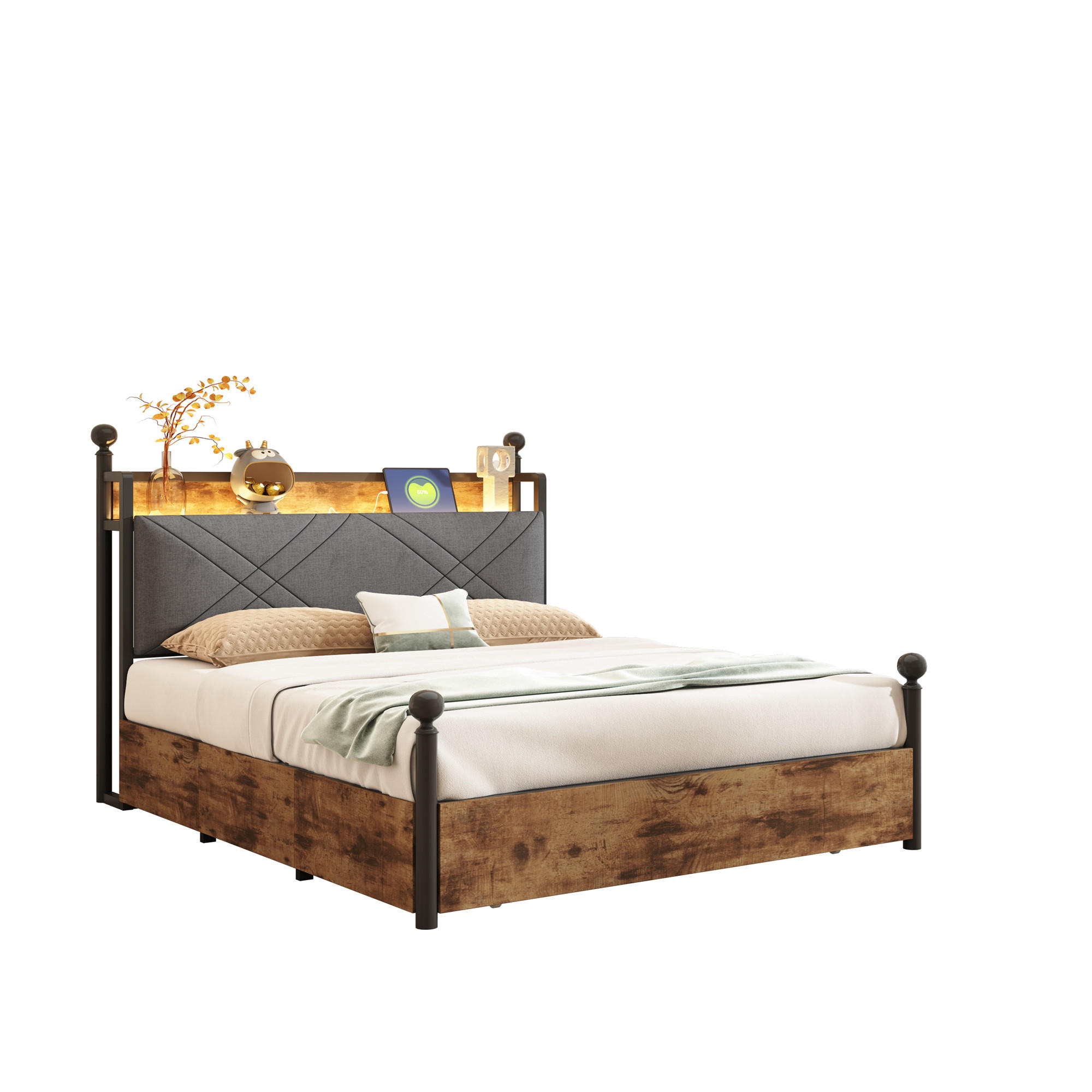 METALLBETT 140/190 cm mit Kopfteil, LED und USB/Type-C – schwarz - Schwarz, Metall (140/190cm) - BEAOK