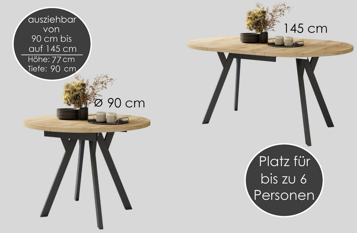 ESSTISCH Rund Eiche dunkel Schwarz 90x70 cm - Dunkelbraun/Schwarz, Holzwerkstoff (90/90/77cm) - designimpex